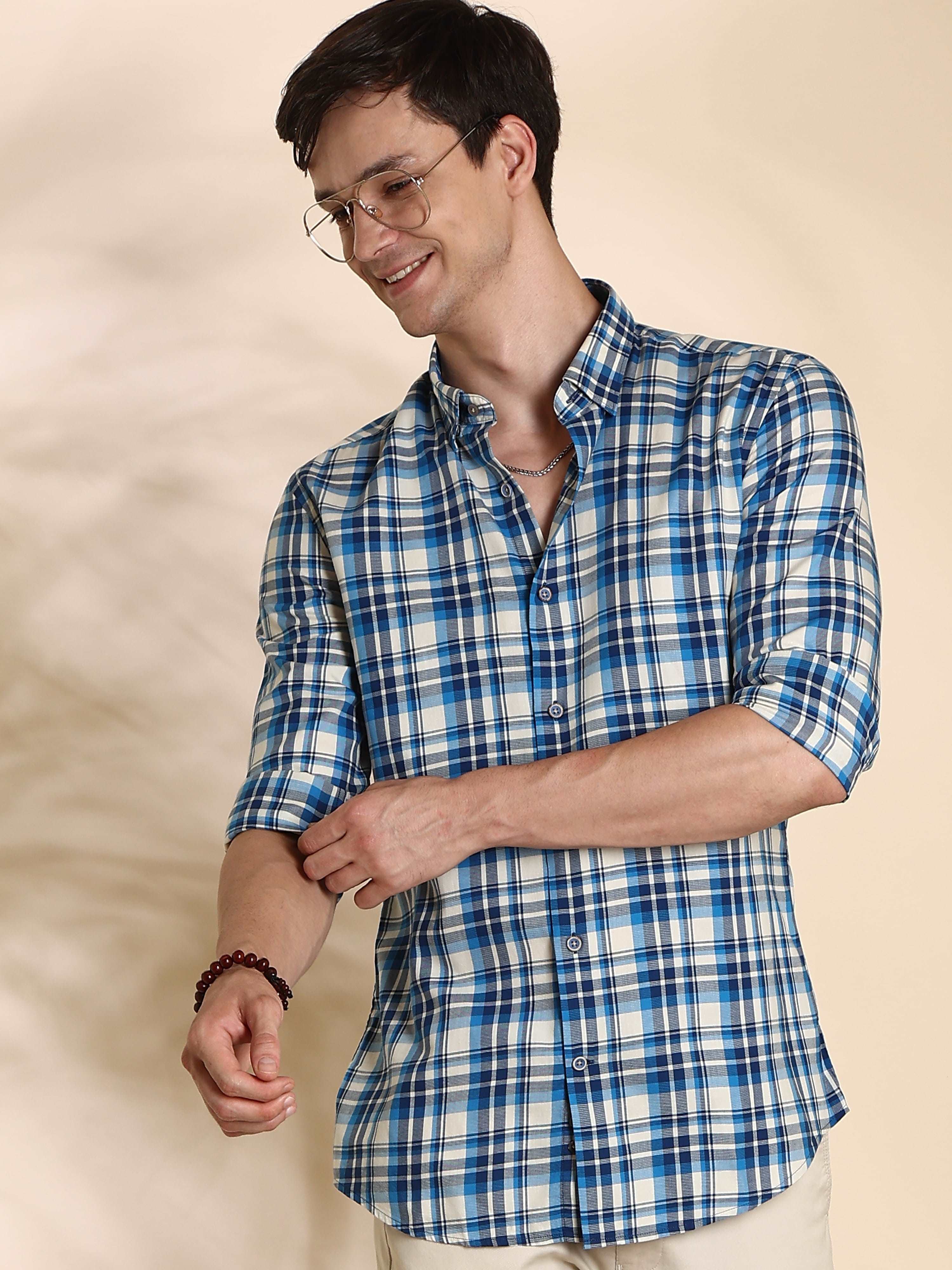 Beige Blue Semi Casual Shirt
