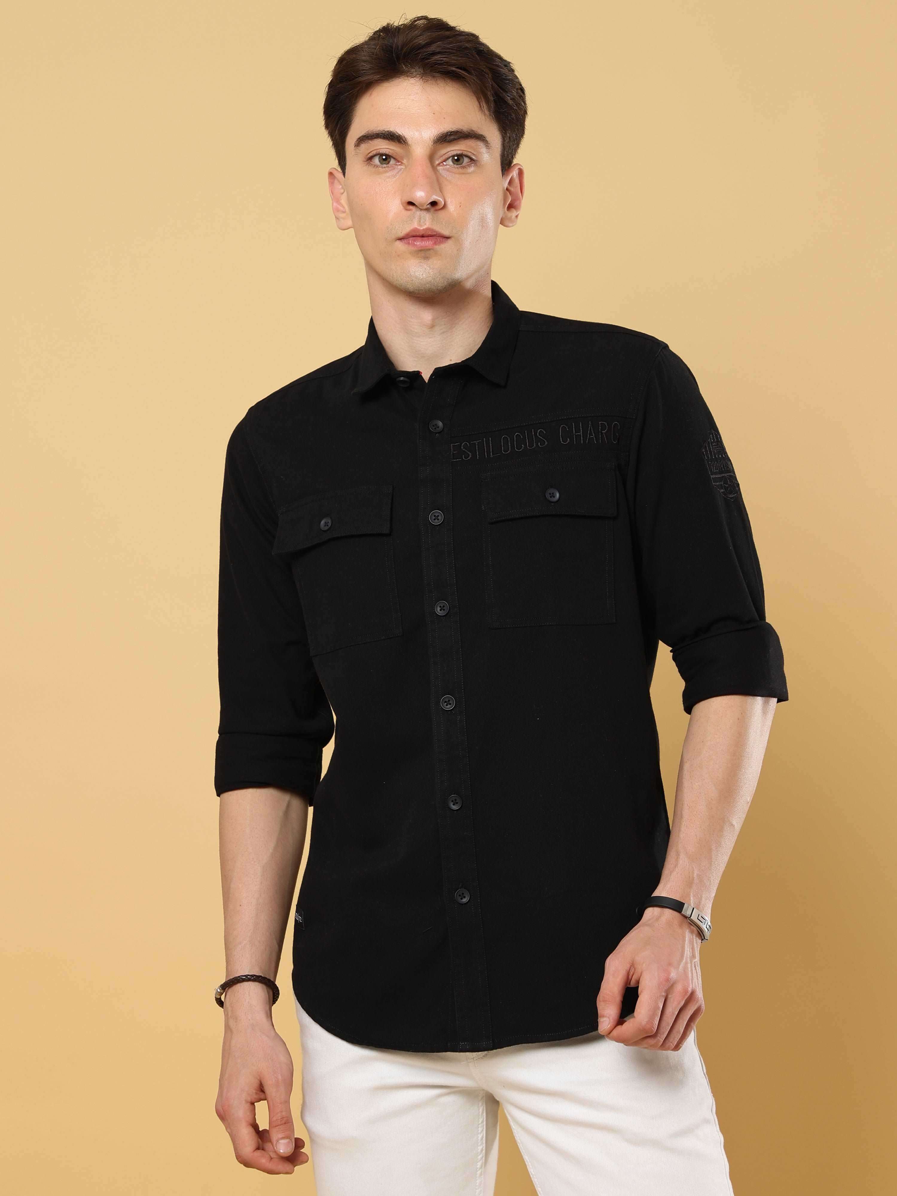 Black Twill Solid Cargo full sleeve Shirt shop online at Estilocus. • 100% premium cotton• Full-sleeve solid shirt• Cut and sew placket• Regular collar• Double button round cuff's.• Double pocket with flap.• Finest embroidery on sleeve and front panel• Cu