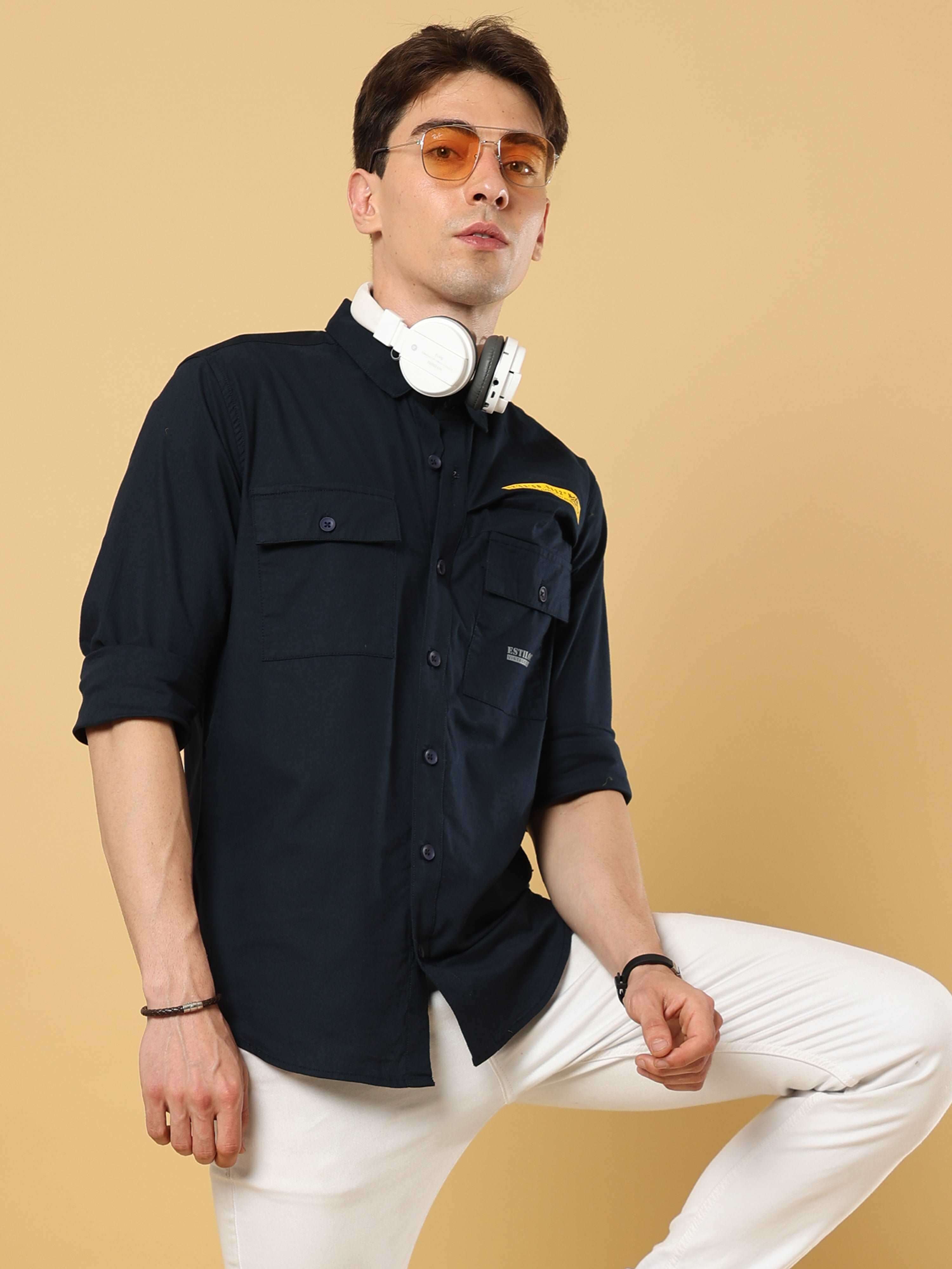 Black Solid Double Pocket Shirt