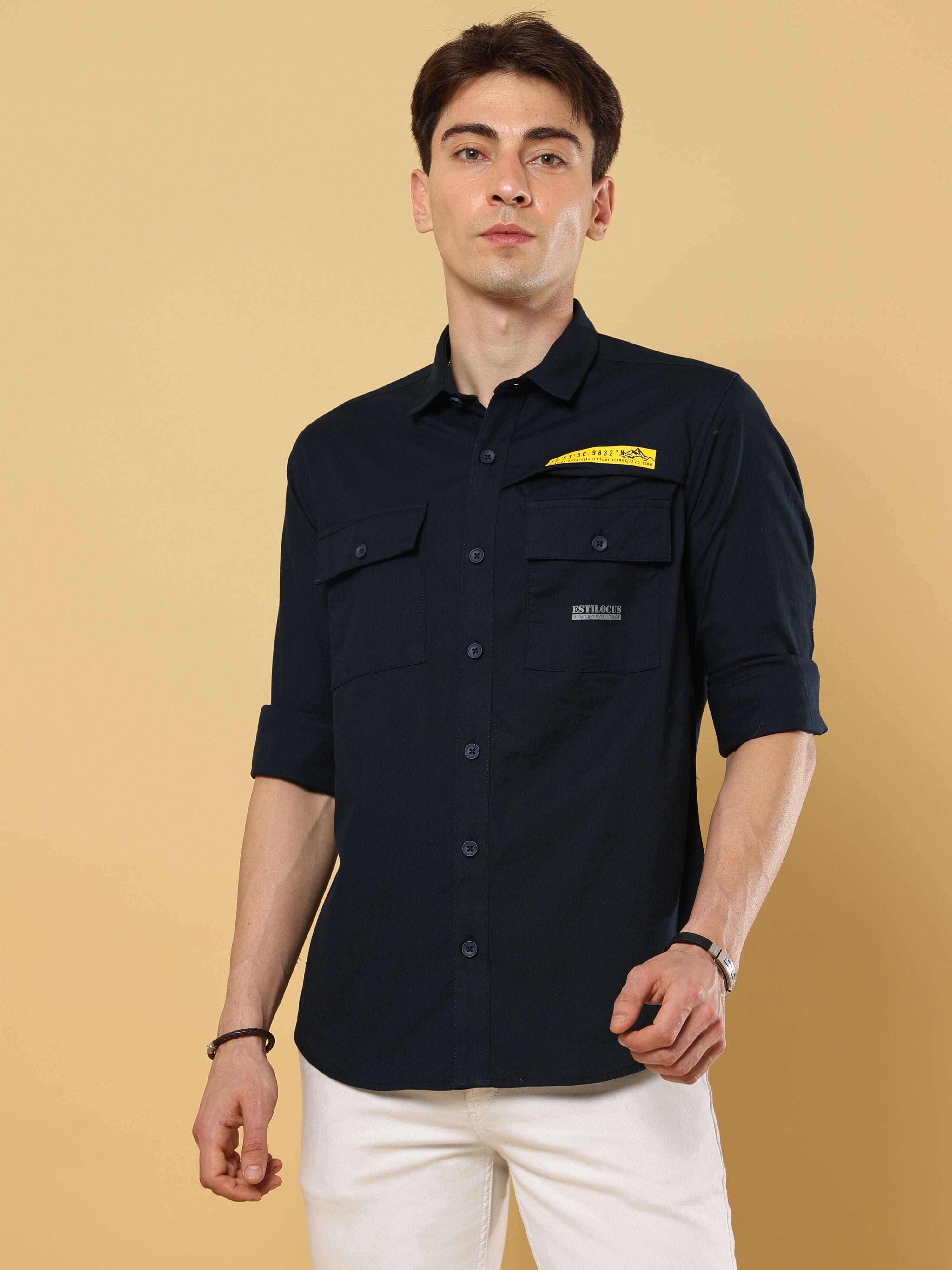 Black Solid Double Pocket full Sleeve Shirt