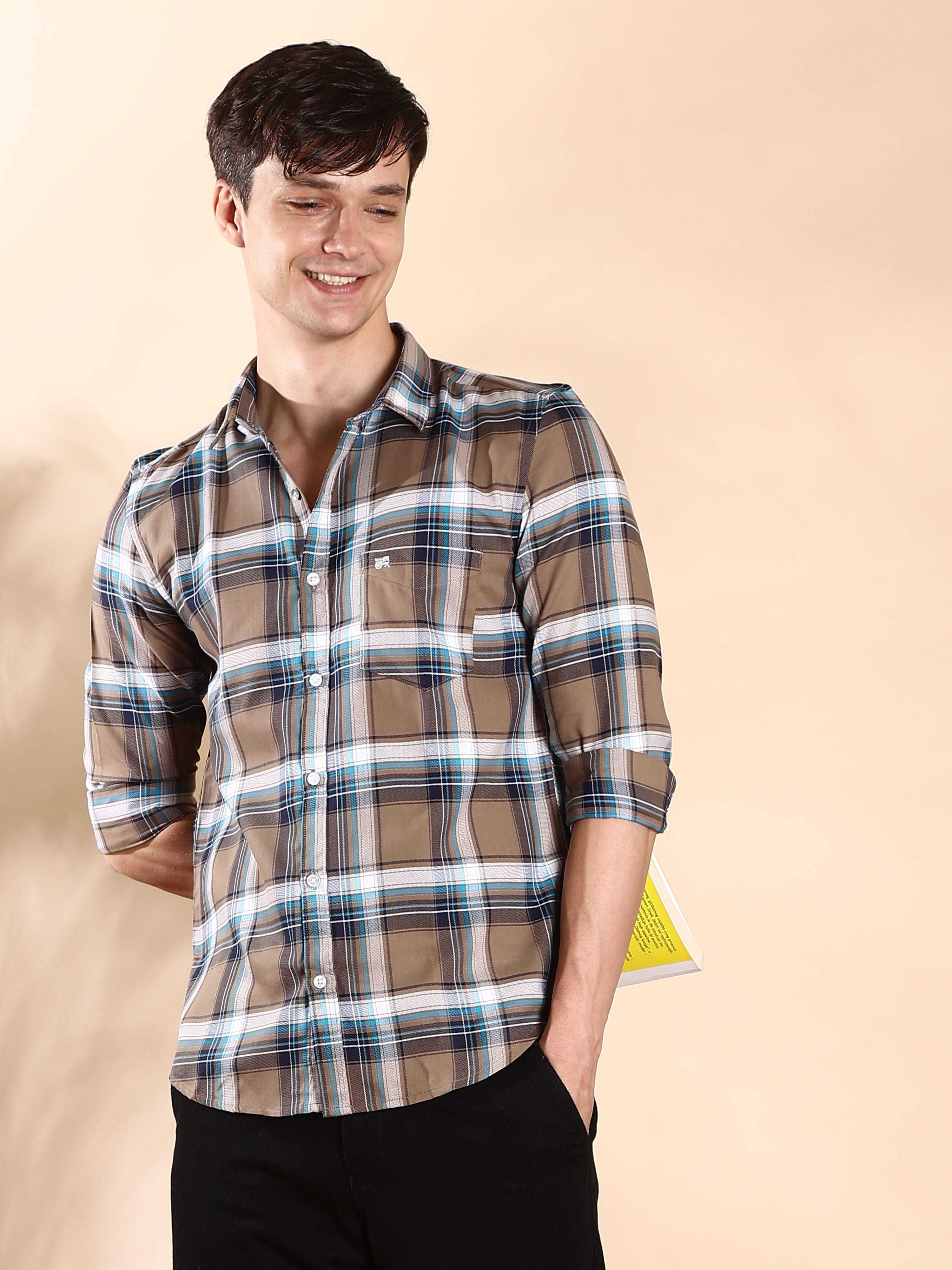 BR Brown & Navy casual check full sleeve shirt