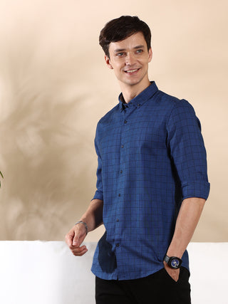 Checkmate Blue Semi Casual Shirt shop online at Estilocus. • Full-sleeve check shirt• Cut and sew placket• Regular collar• Double button square cuff.• Curved hemline• Finest quality sewing• Machine wash care• Suitable to wear with all types of bottoms• Ma