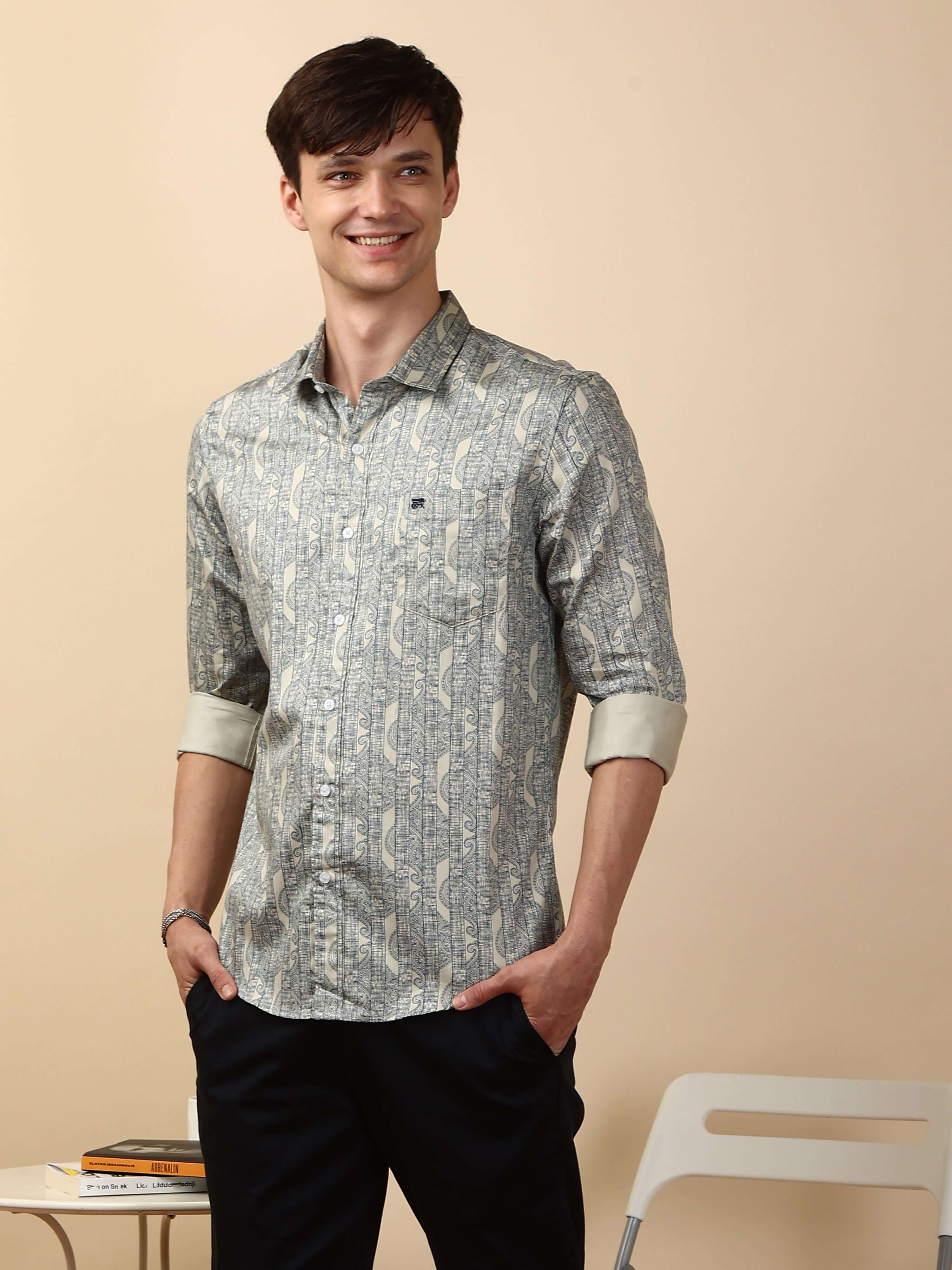 Olive/Navy Casual Printed Full Sleeve Shirt L