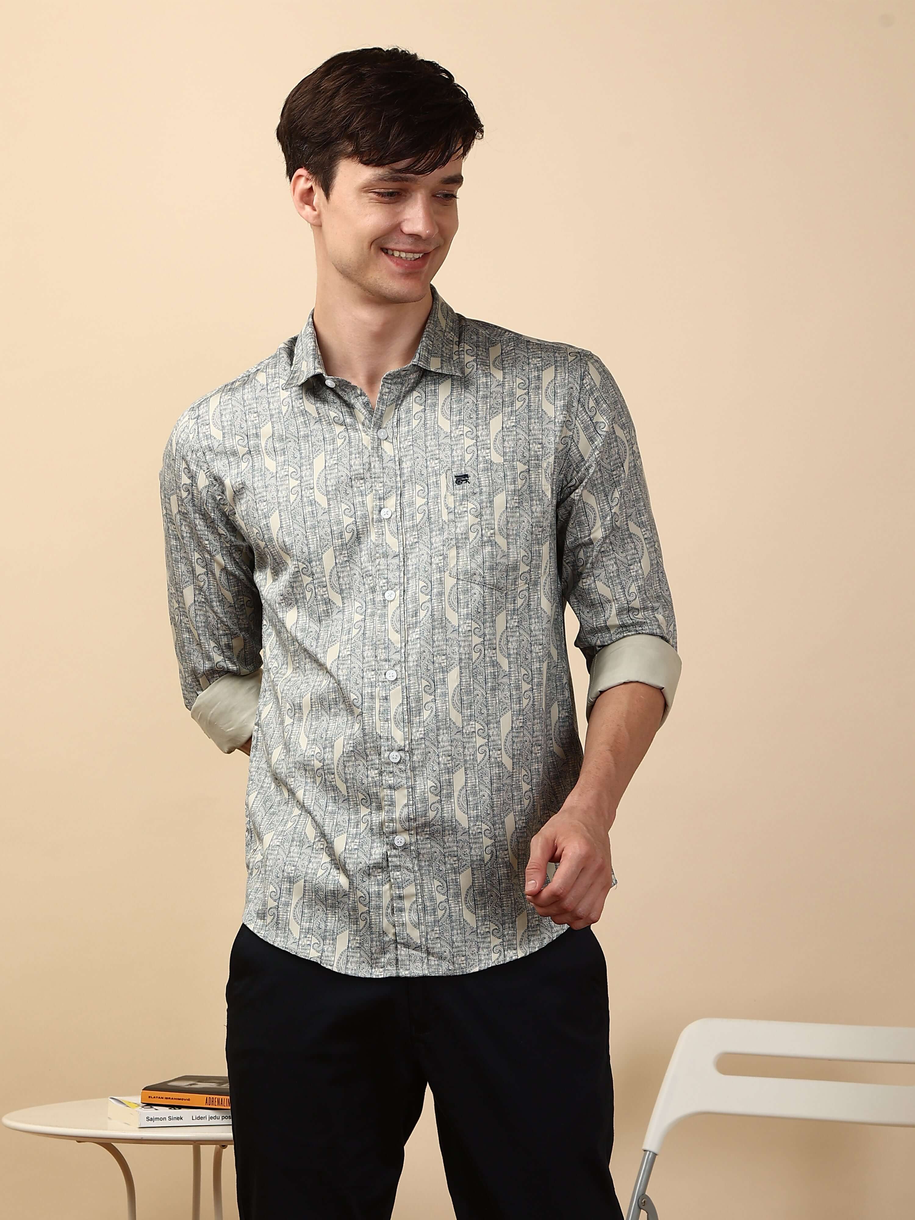 Olive/Navy Casual Printed Full Sleeve Shirt L
