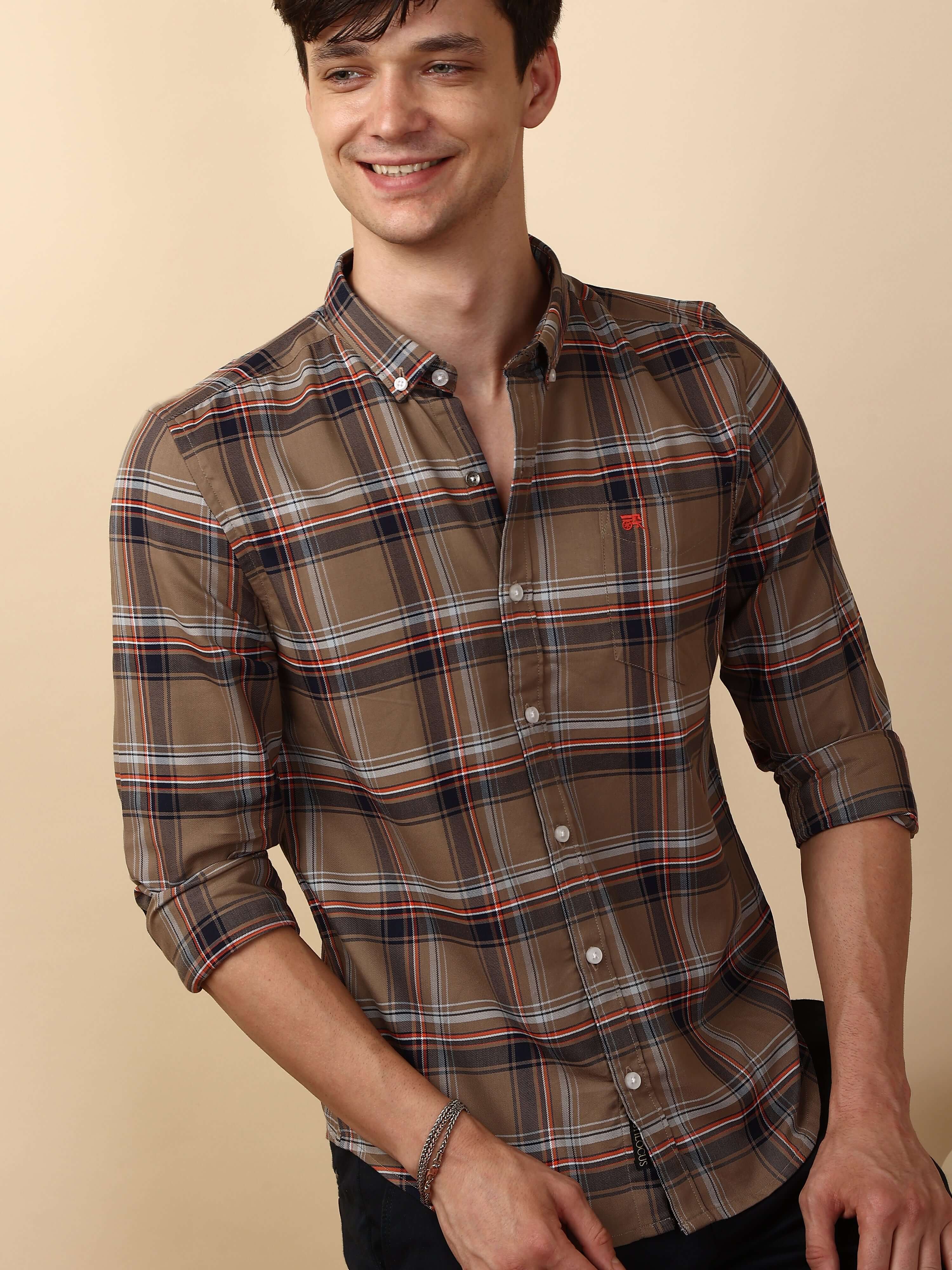 BR Brown casual check full sleeve shirt