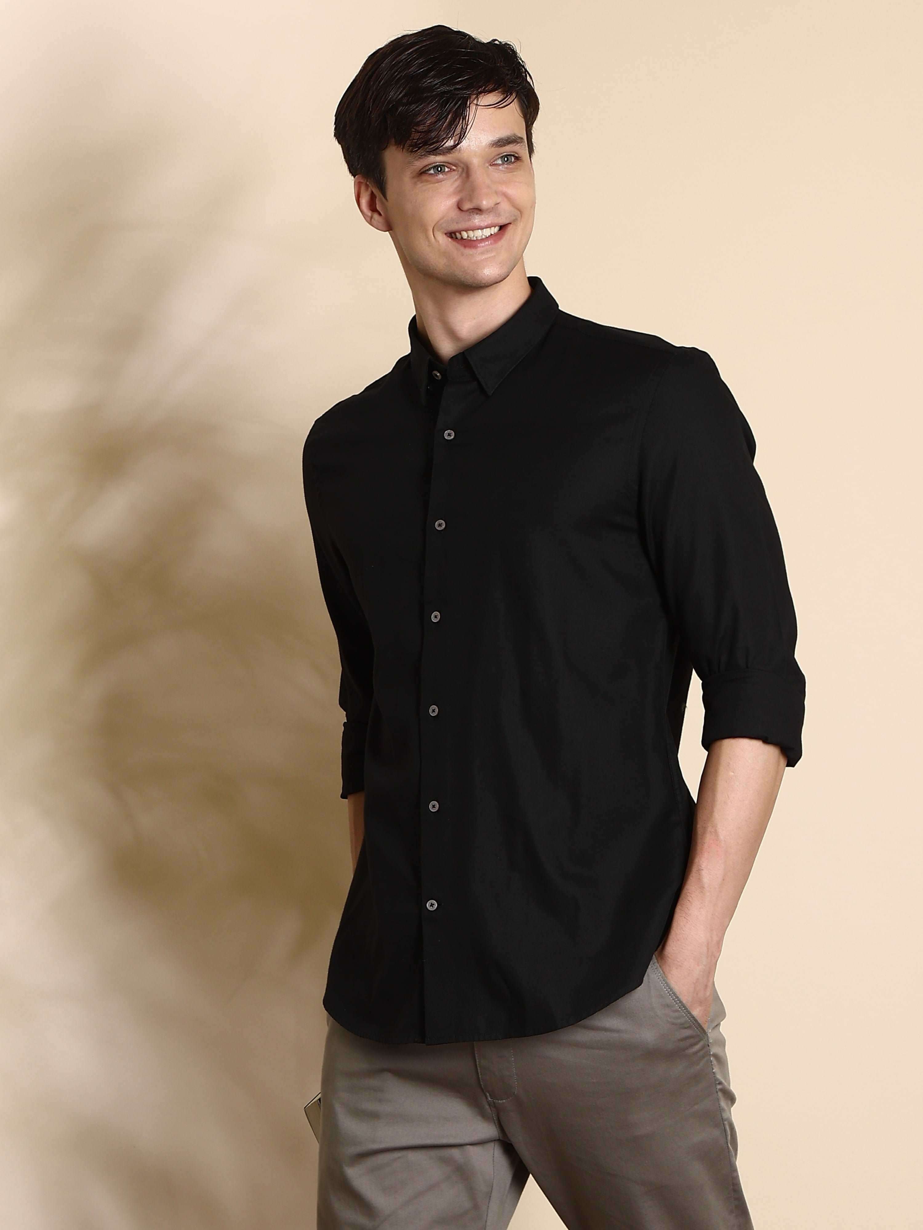 Black Solid Casual Full Sleeve Shirt