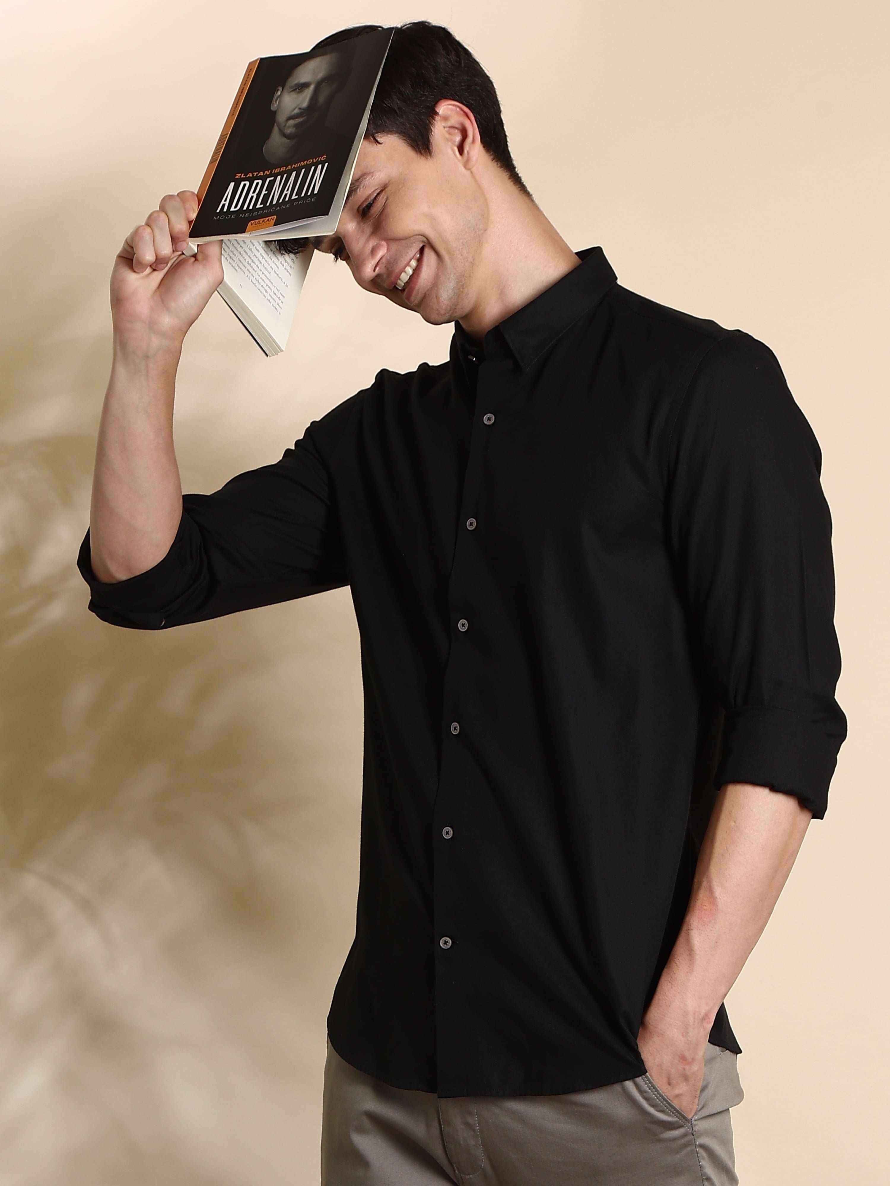 Black Solid Casual Full Sleeve Shirt