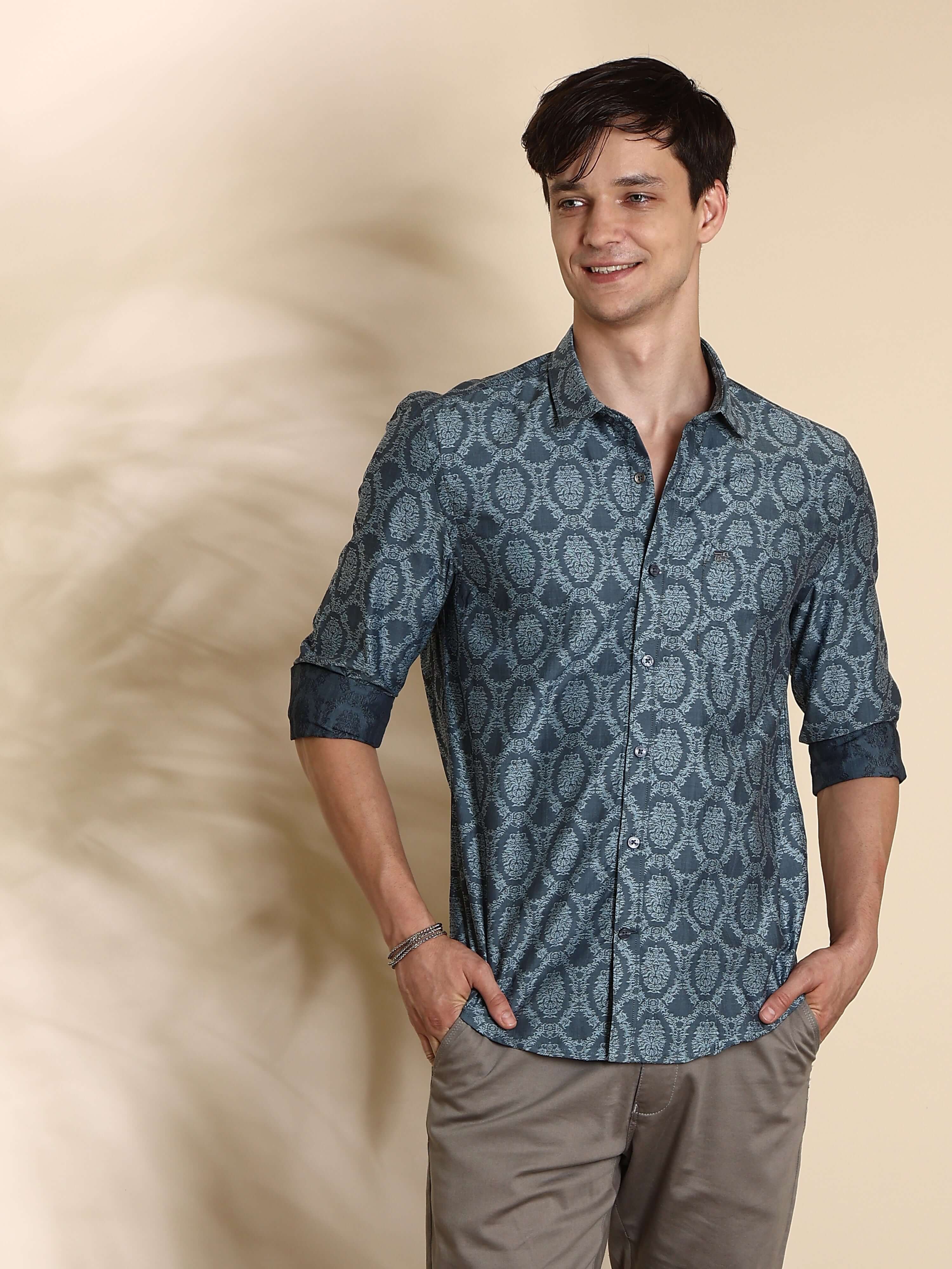 Light gray floral printed full sleeve casual shirt