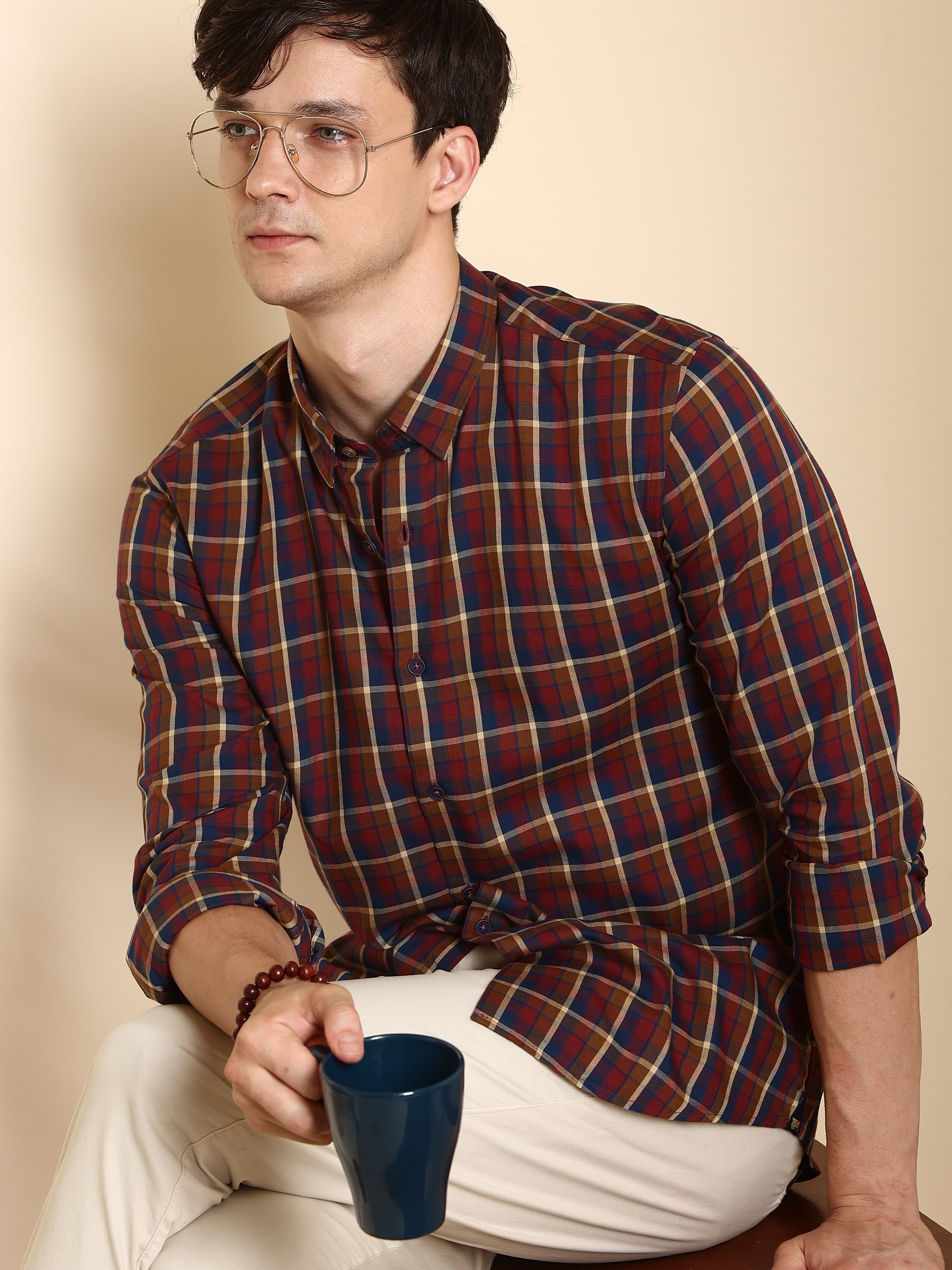 Cubic Navy Red Semi Casual Full Sleeve Shirt