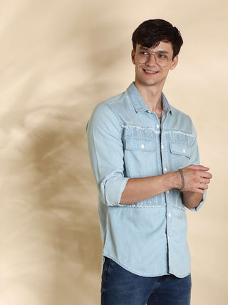 EST-Lt Blue cowboy Denim Double Pocket Shirt shop online at Estilocus. 100% premium Denim Denim ,Full-sleeve shirt cut and sew placket. Regular collar Double button edge cuff Double pocket with flap Curved bottom hemline pc-back elegant print @ panel All