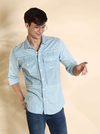 EST-Lt Blue cowboy Denim Double Pocket Shirt shop online at Estilocus. 100% premium Denim Denim ,Full-sleeve shirt cut and sew placket. Regular collar Double button edge cuff Double pocket with flap Curved bottom hemline pc-back elegant print @ panel All