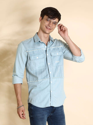 EST-Lt Blue cowboy Denim Double Pocket Shirt shop online at Estilocus. 100% premium Denim Denim ,Full-sleeve shirt cut and sew placket. Regular collar Double button edge cuff Double pocket with flap Curved bottom hemline pc-back elegant print @ panel All