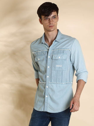 EST-Lt Blue cowboy Denim Double Pocket Shirt shop online at Estilocus. 100% premium Denim Denim ,Full-sleeve shirt cut and sew placket. Regular collar Double button edge cuff Double pocket with flap Curved bottom hemline pc-back elegant print @ panel All