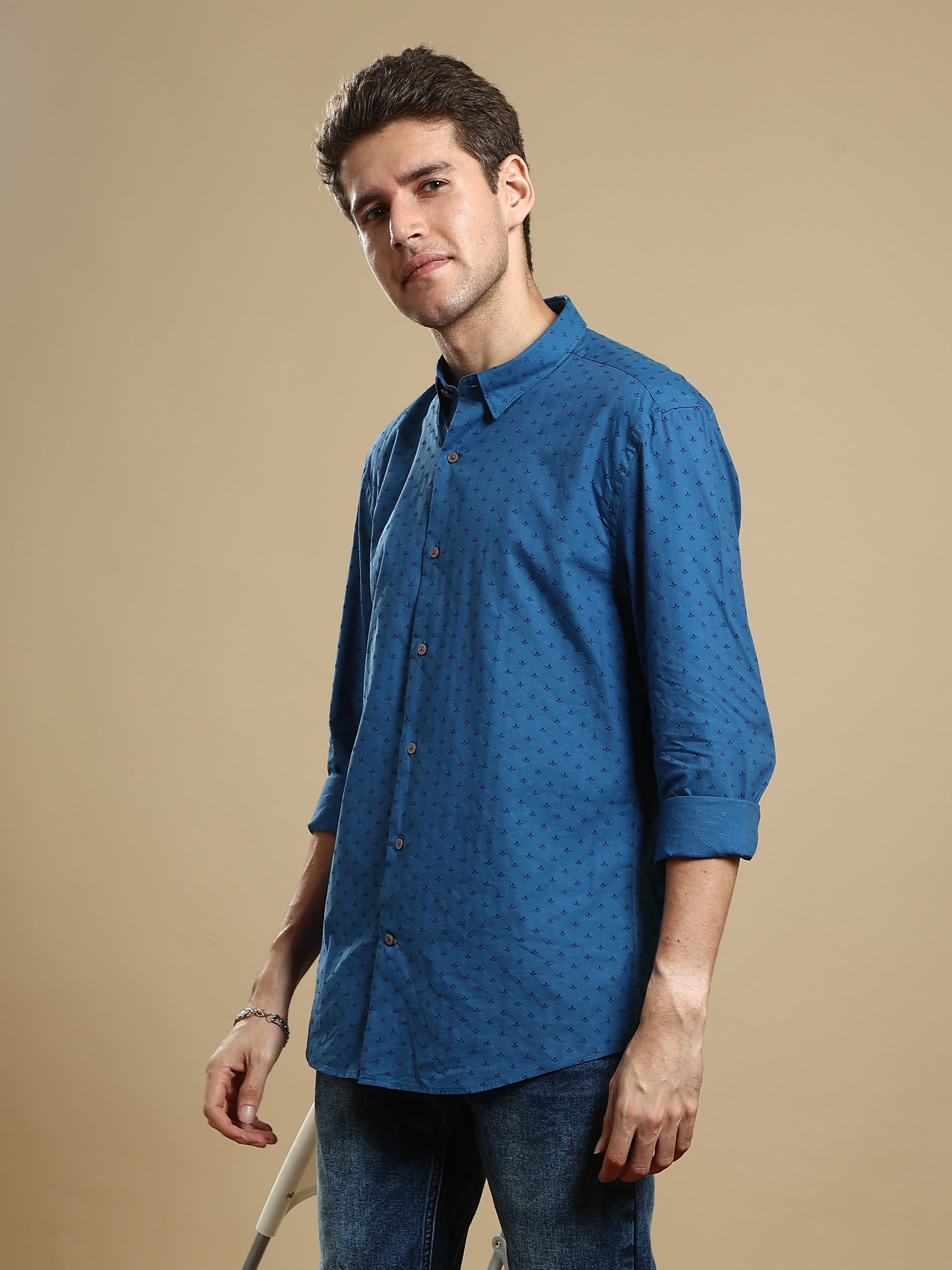 Dobby Blue Semi Casual Full Sleeve Shirt