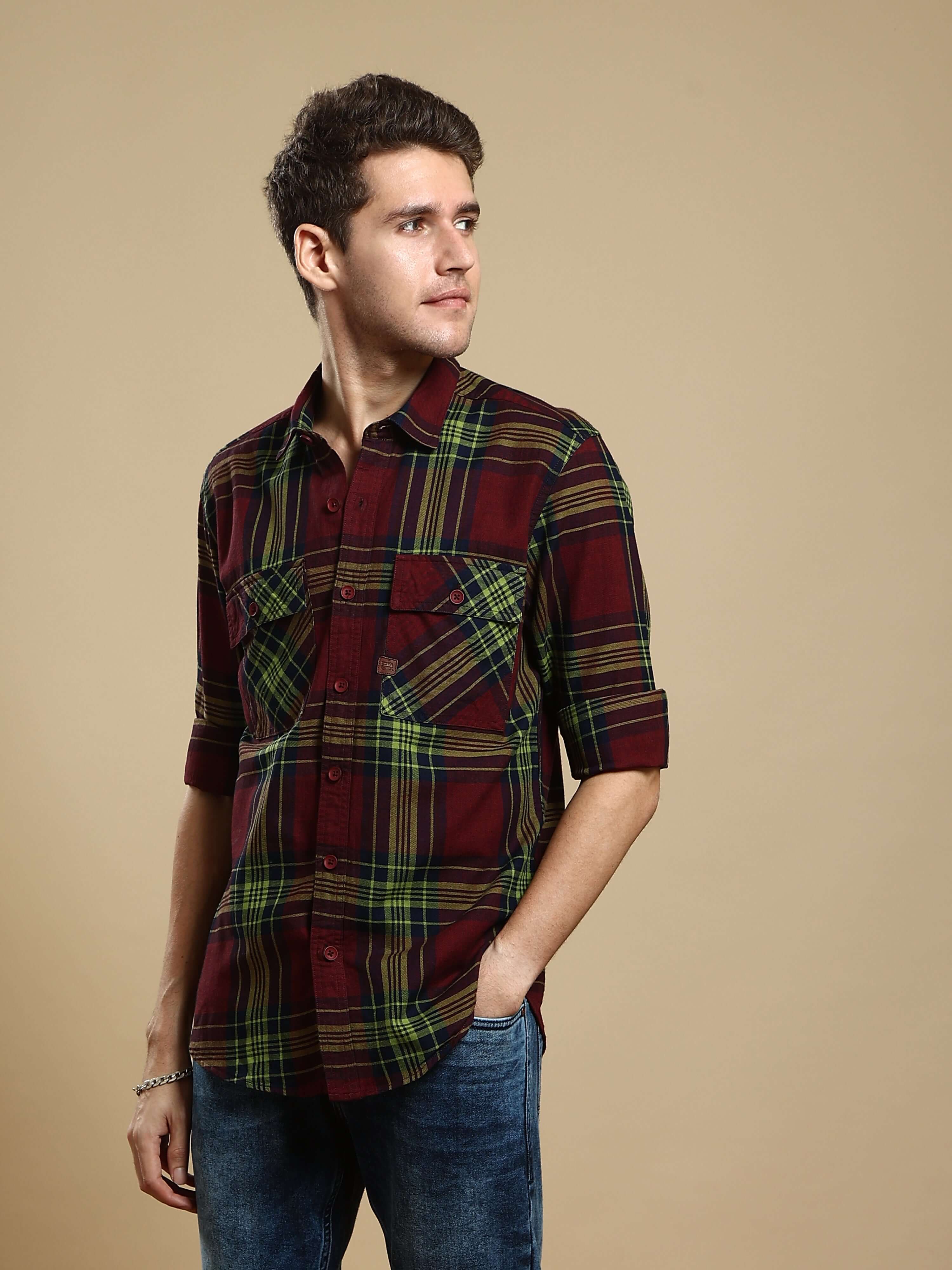 Maroon check casual full sleeve shirt shop online at Estilocus. • 100% PREMIUM COTTON • Full-sleeve solid shirt• Cut and sew placket• Regular collar• Double button square cuff.• Single pocket with logo embroidery• Curved hemline• Finest quality sewing wit