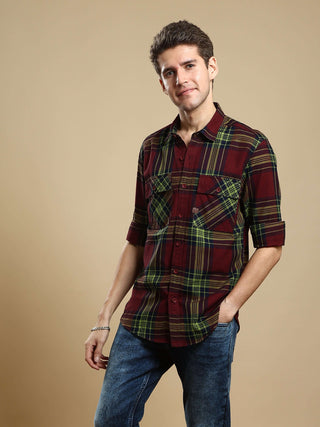 Maroon check casual full sleeve shirt shop online at Estilocus. • 100% PREMIUM COTTON • Full-sleeve solid shirt• Cut and sew placket• Regular collar• Double button square cuff.• Single pocket with logo embroidery• Curved hemline• Finest quality sewing wit