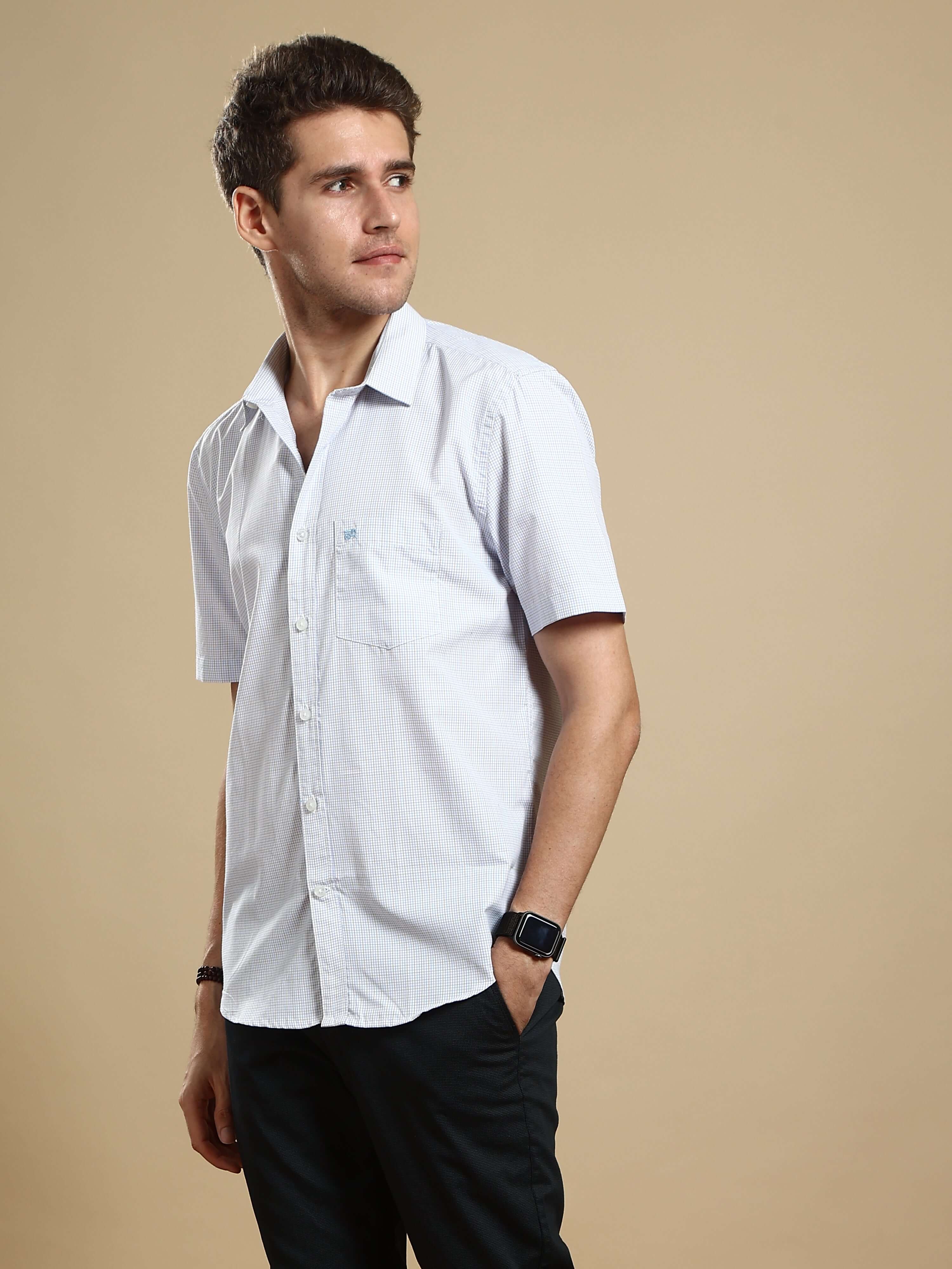 White blue mini check casual half sleeves shirt_ ESTILOCUS CASUAL SHIRT_ estilocus