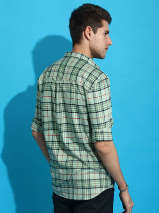 BR Light green casual check full sleeve shirt shop online at Estilocus. • 100% PREMIUM COTTON • Full-sleeve check shirt• Cut and sew placket• Regular collar• Double button square cuff.• Single pocket with logo embroidery• Curved hemline• Finest quality se