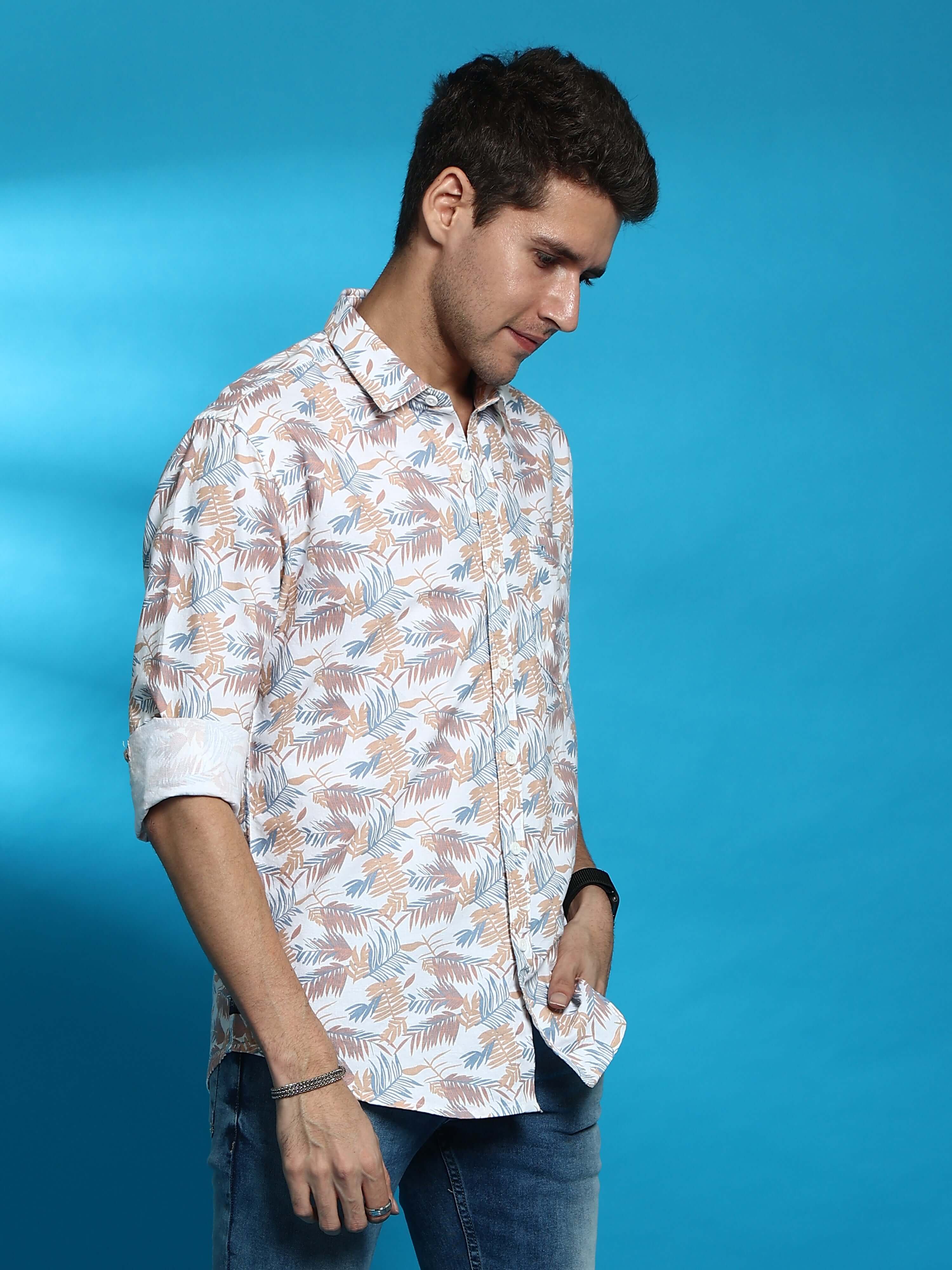 White /Coral Floral Printed Full Sleeve Shirt