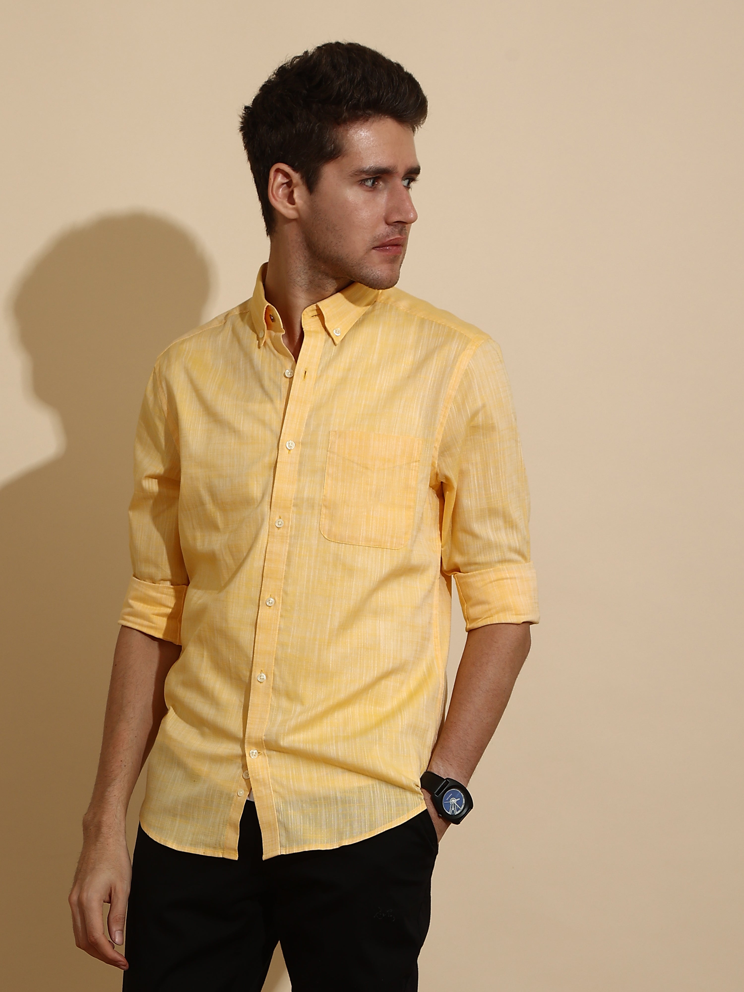 Mango Yellow Semi Casual Shirt shop online at Estilocus. • Full-sleeve solid shirt• Cut and sew placket• Regular collar• Double button square cuff.• Single pocket with logo embroidery• Curved hemline• Finest quality sewing• Machine wash care• Suitable to