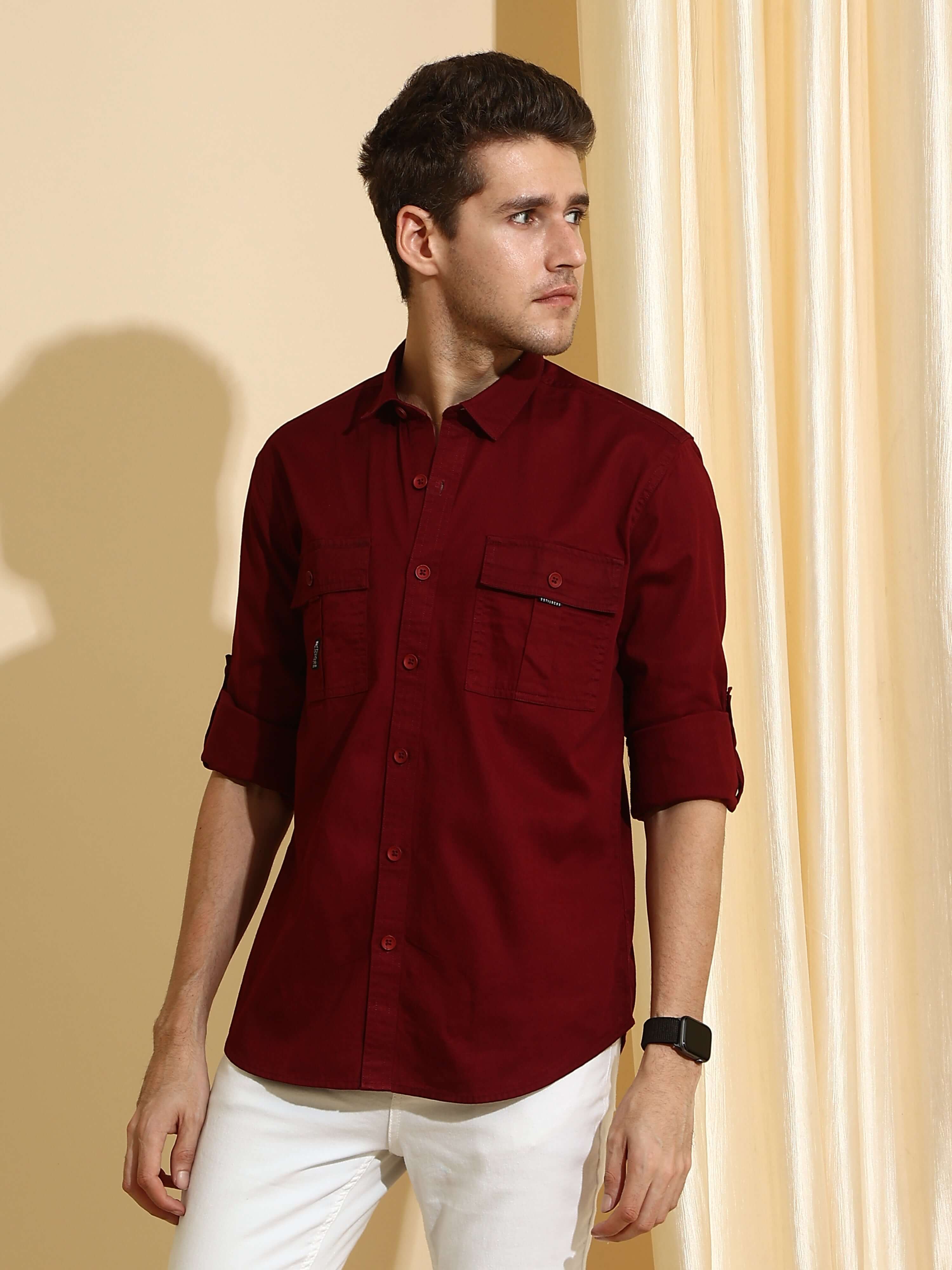 Burgundy maroon Cargo casual full sleeve shirt shop online at Estilocus. • 100% PREMIUM COTTON • Full-sleeve solid shirt• Cut and sew placket• Regular collar• Double button round cuffs.• Double pocket with flap• Curved hemline• Finest quality sewing with