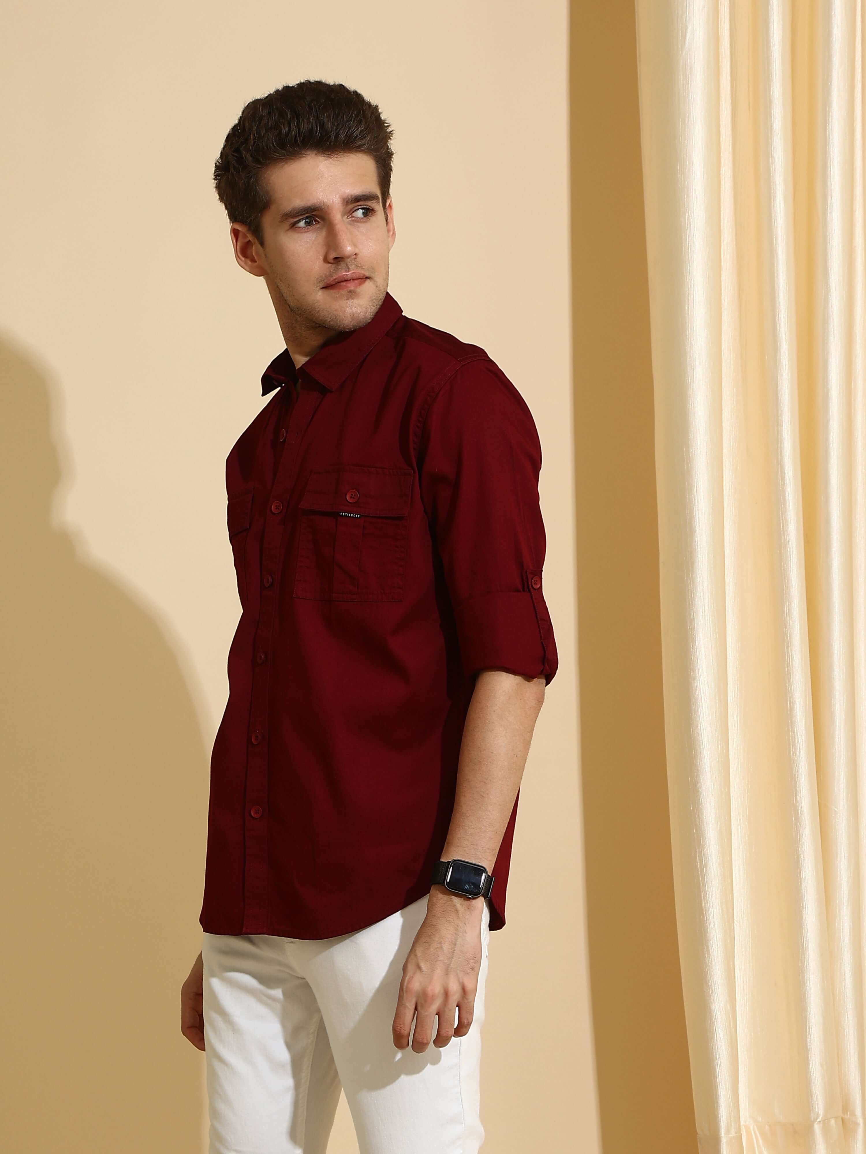 Burgundy maroon Cargo casual full sleeve shirt