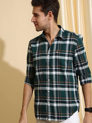 Teal & Green casual check full sleeves shirt shop online at Estilocus. • Full-sleeve shirt • Cut and sew placket • Regular collar • Double button square cuff. • Single pocket with logo embroidery • Curved hemline • All double-needle construction, finest q