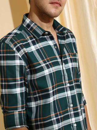 Teal & Green casual check full sleeves shirt shop online at Estilocus. • Full-sleeve shirt • Cut and sew placket • Regular collar • Double button square cuff. • Single pocket with logo embroidery • Curved hemline • All double-needle construction, finest q