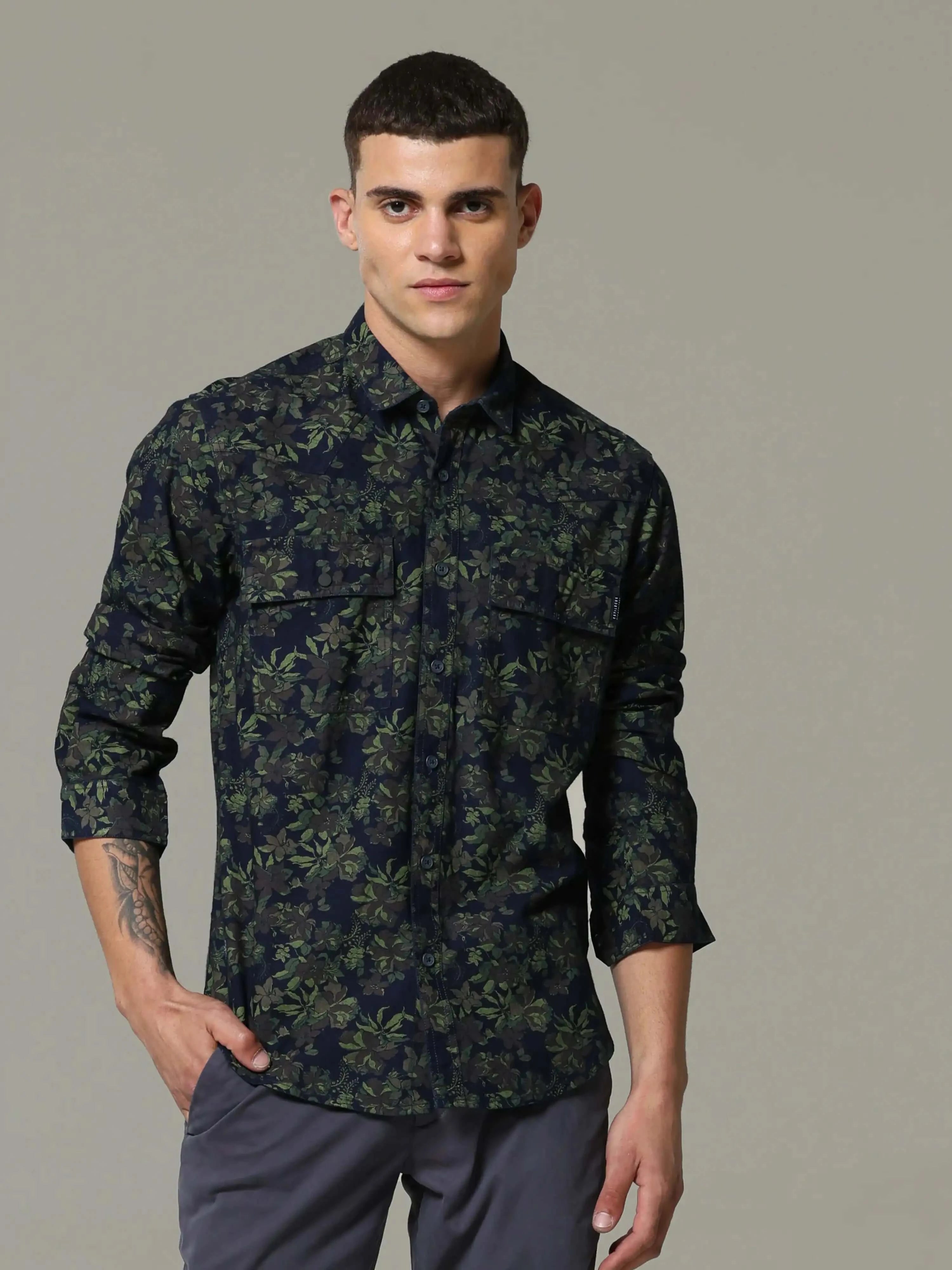 Indigo navy floral printed full sleeve casual shirt_ ESTILOCUS CASUAL SHIRT_ estilocus