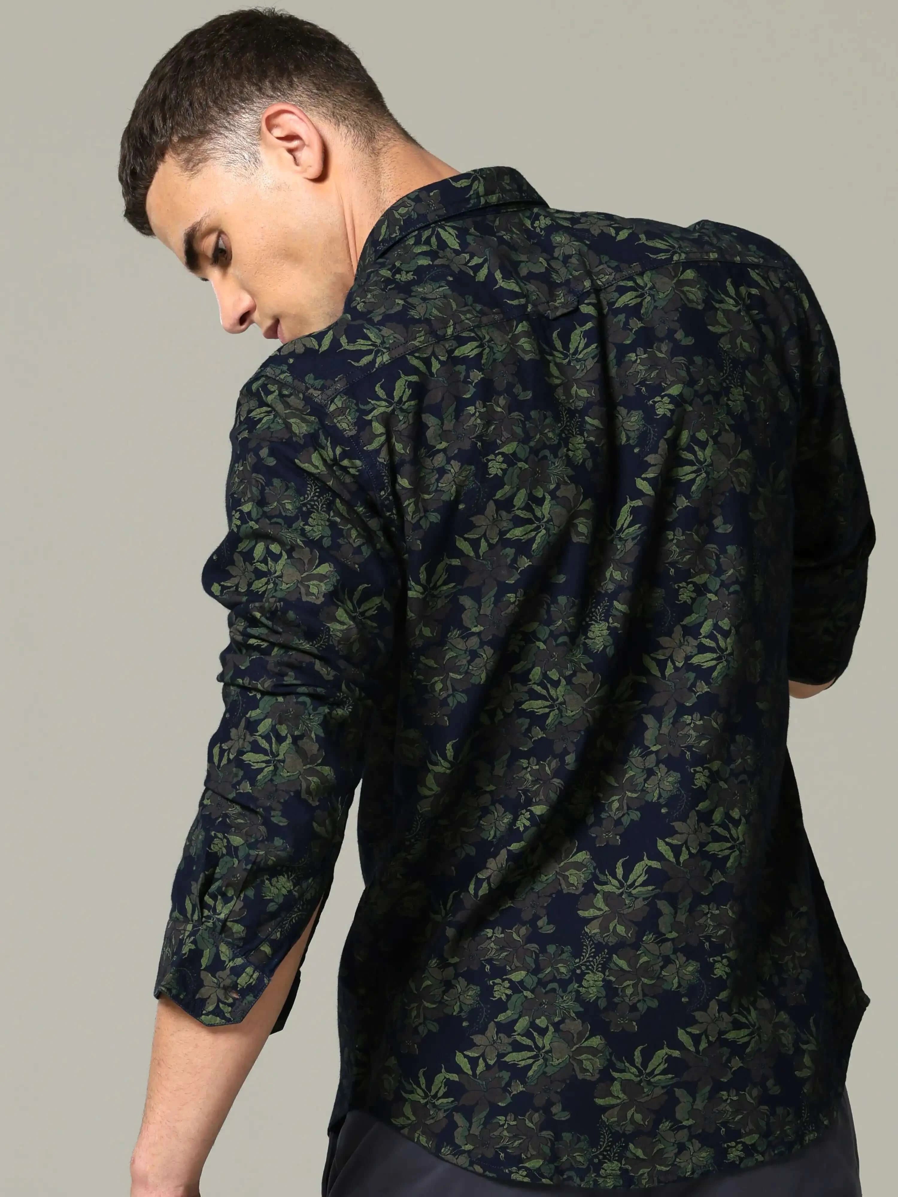 Indigo navy floral printed full sleeve casual shirt