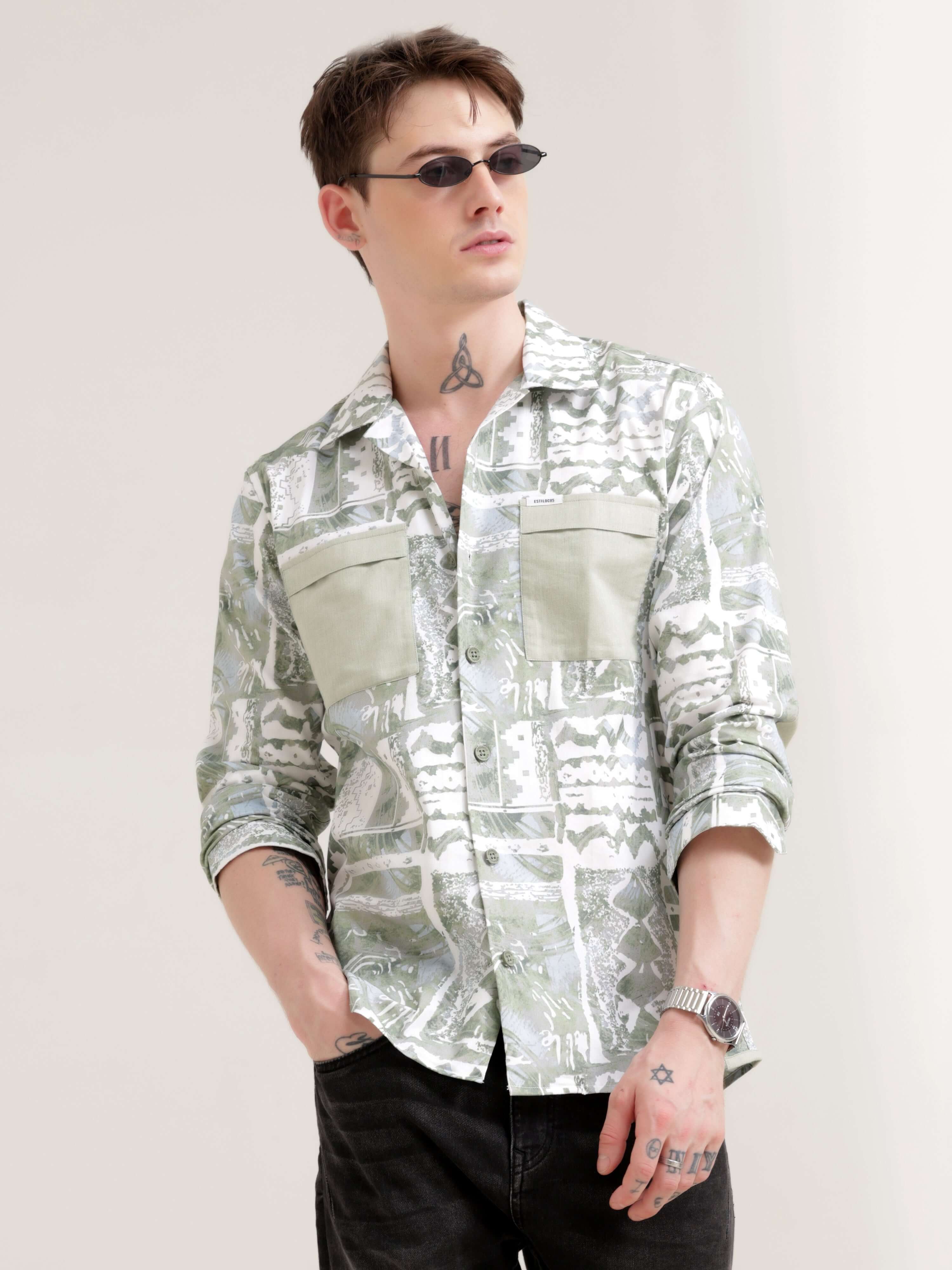 Duval green abstract print shirt - Men's Casual Wear shop online at Estilocus. Get seen in the Duval green abstract print shirt! Perfect blend of modern art & comfort. Unique design, standout style. Grab yours now!