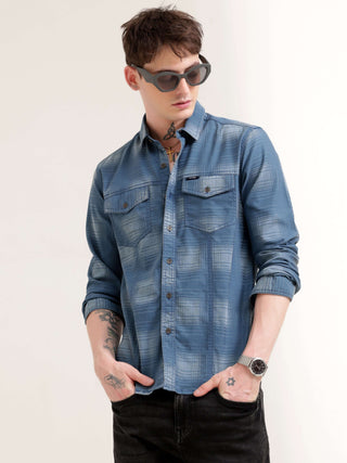 Dusky blue over dyed check shirt - Men's Casual Wear Shop Online at Estilocus. Elevate your wardrobe with our dusky blue, over-dyed check shirt. Perfect fit & utility pockets for an effortlessly stylish look. Shop now!