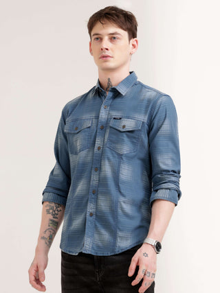 Dusky blue over dyed check shirt - Men's Casual Wear Shop Online at Estilocus. Elevate your wardrobe with our dusky blue, over-dyed check shirt. Perfect fit & utility pockets for an effortlessly stylish look. Shop now!