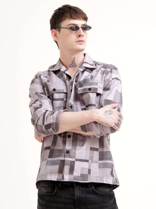 Geovibrance abstract brown Overshirt - Men's Casual Wear shop online at Estilocus. Bag this abstract Geovibrance overshirt for a chic, comfy fit & double-pocket design. Perfect for casual flair. Get yours today!