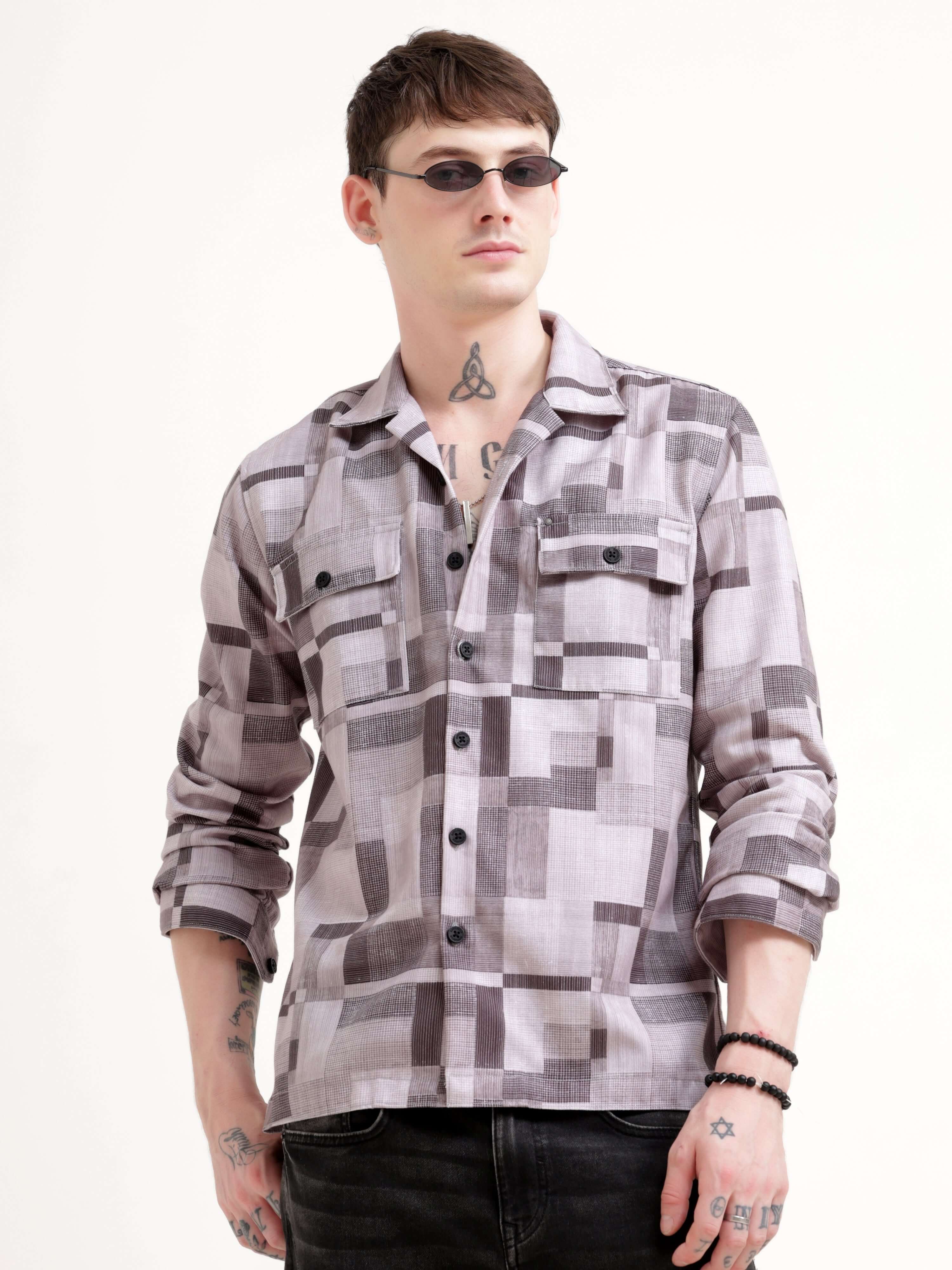 Geovibrance abstract brown Overshirt - Men's Casual Wear shop online at Estilocus. Bag this abstract Geovibrance overshirt for a chic, comfy fit & double-pocket design. Perfect for casual flair. Get yours today!