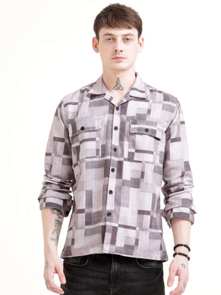 Geovibrance abstract brown Overshirt - Men's Casual Wear shop online at Estilocus. Bag this abstract Geovibrance overshirt for a chic, comfy fit & double-pocket design. Perfect for casual flair. Get yours today!