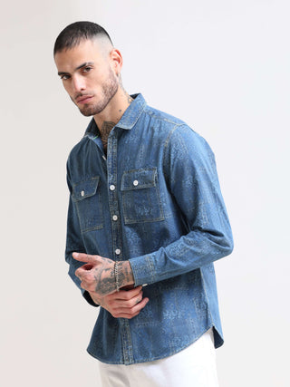 Floral Denim Double Pocket Shirt shop online at Estilocus. 100% premium Denim Denim ,Full-sleeve shirt cut and sew placket. Regular collar Double button edge cuff Double pocket with flap Curved bottom hemline pc-back elegant print @ panel All Double needl