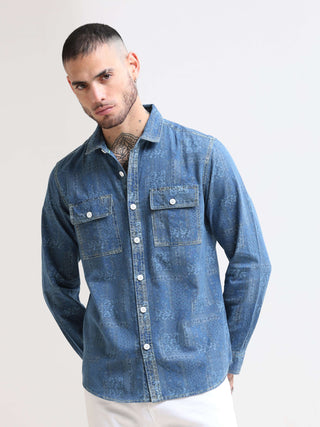 Floral Denim Double Pocket Shirt shop online at Estilocus. 100% premium Denim Denim ,Full-sleeve shirt cut and sew placket. Regular collar Double button edge cuff Double pocket with flap Curved bottom hemline pc-back elegant print @ panel All Double needl