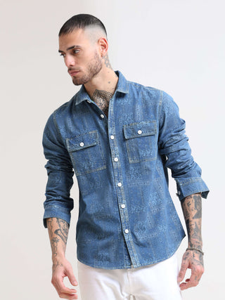 Floral Denim Double Pocket Shirt shop online at Estilocus. 100% premium Denim Denim ,Full-sleeve shirt cut and sew placket. Regular collar Double button edge cuff Double pocket with flap Curved bottom hemline pc-back elegant print @ panel All Double needl