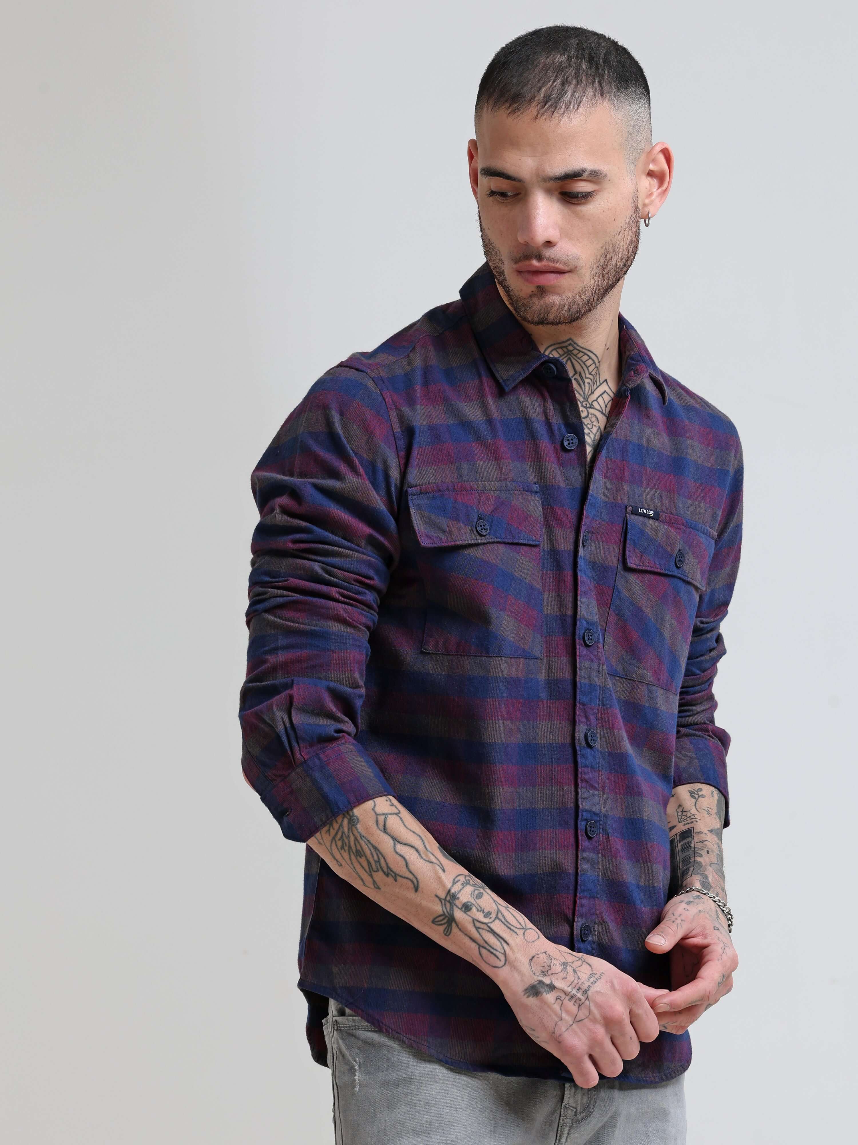 Burgundy Corduroy Check Shirt shop online at Estilocus. Step into refined style with our Burgundy Corduroy Comfort Fit Casual Shirt. This timeless piece boasts double pockets with button flaps, fusing luxurious corduroy with modern design for urban sophis