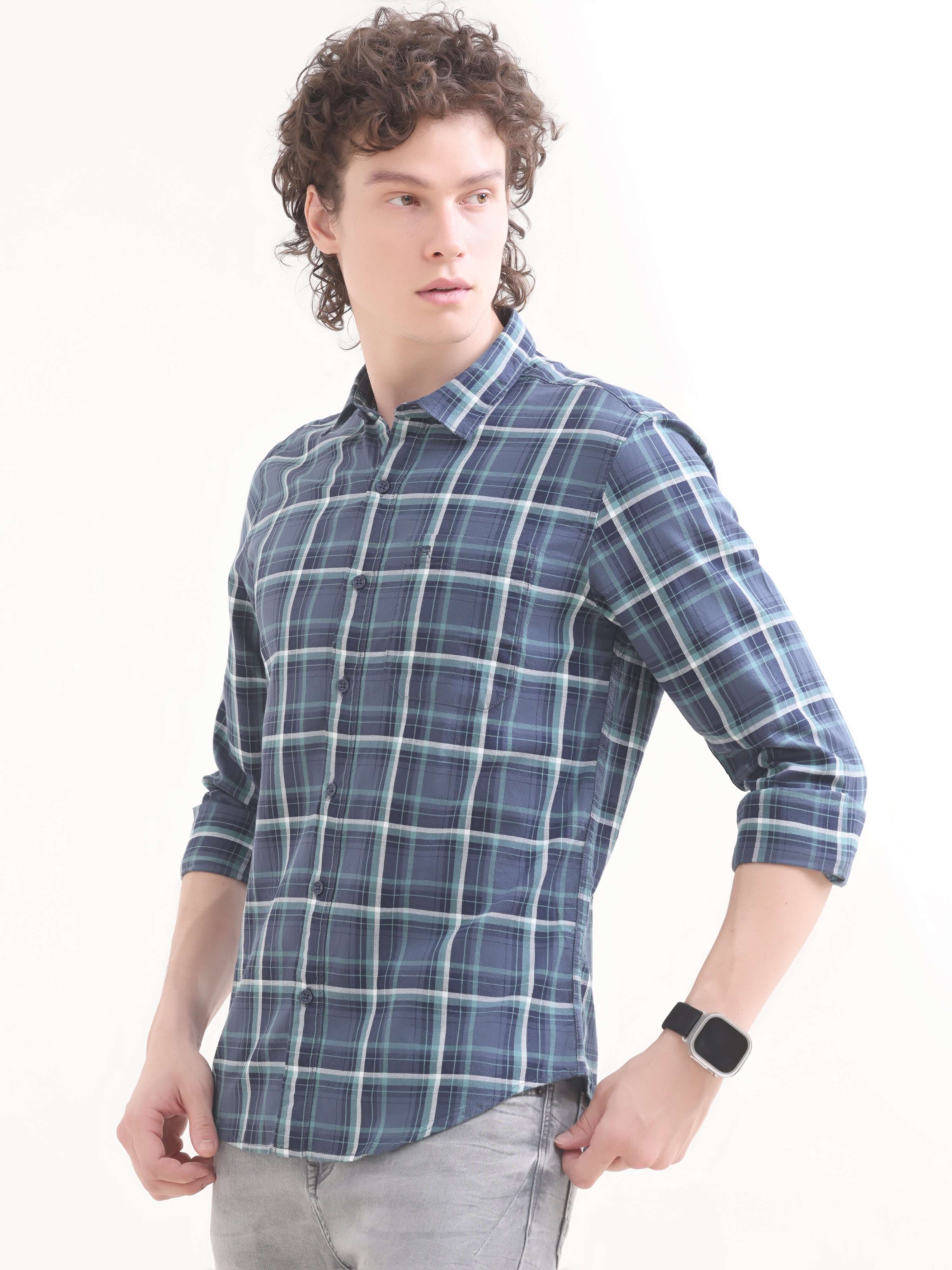 Eaton Blue Windowpane Check Shirt - Summer Style shop online at Estilocus. Elevate your look with the Eaton blue check shirt. Ideal for any summer event, our new arrival guarantees a sharp, casual sophistication.
