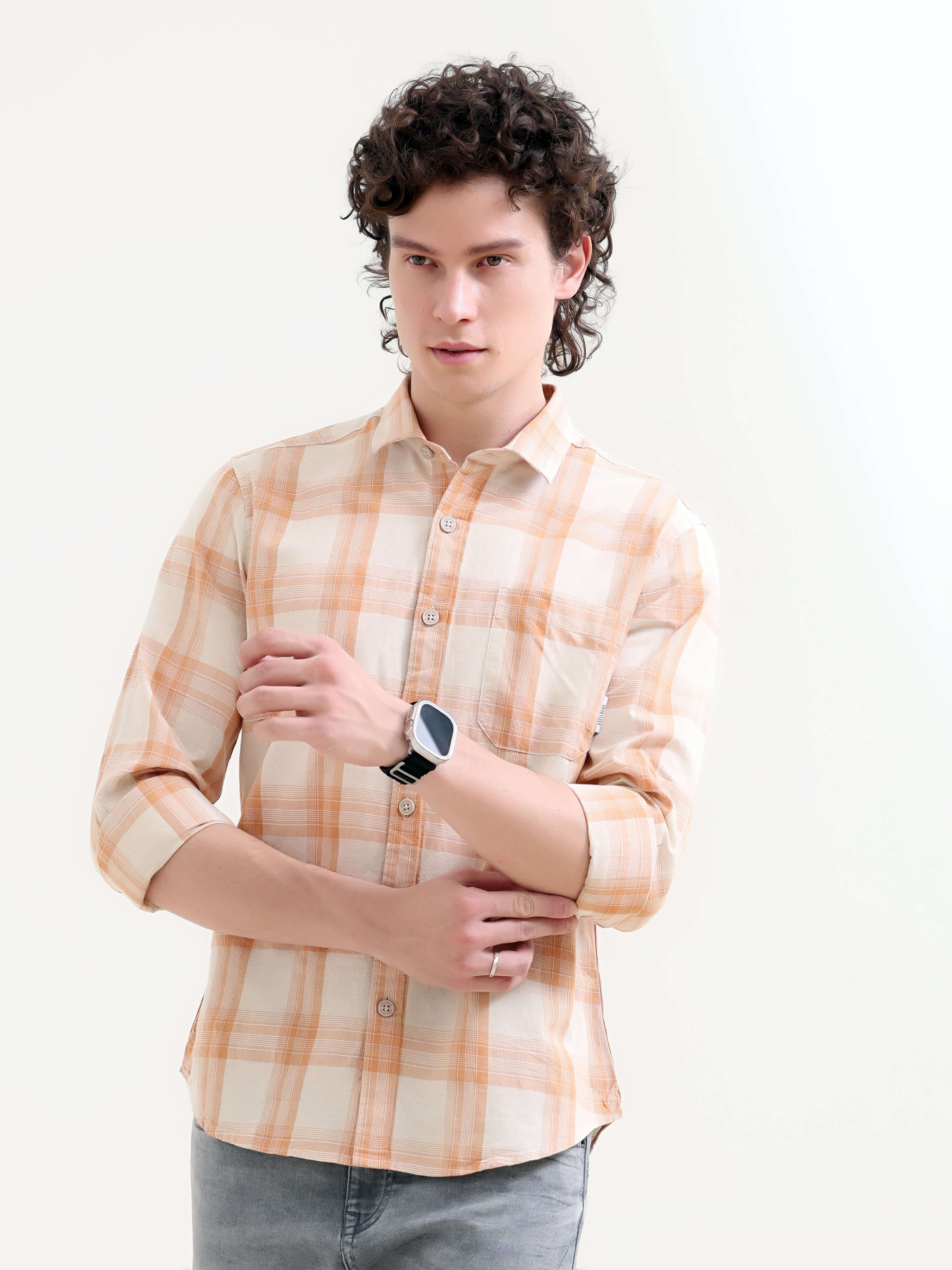 Orange Cotton Check Shirt for Men - New Summer Arrival shop online at Estilocus. Elevate your style with Pierck's Orange Check Shirt. Breathable cotton, perfect for summer. Shop the latest in men's casual now!
