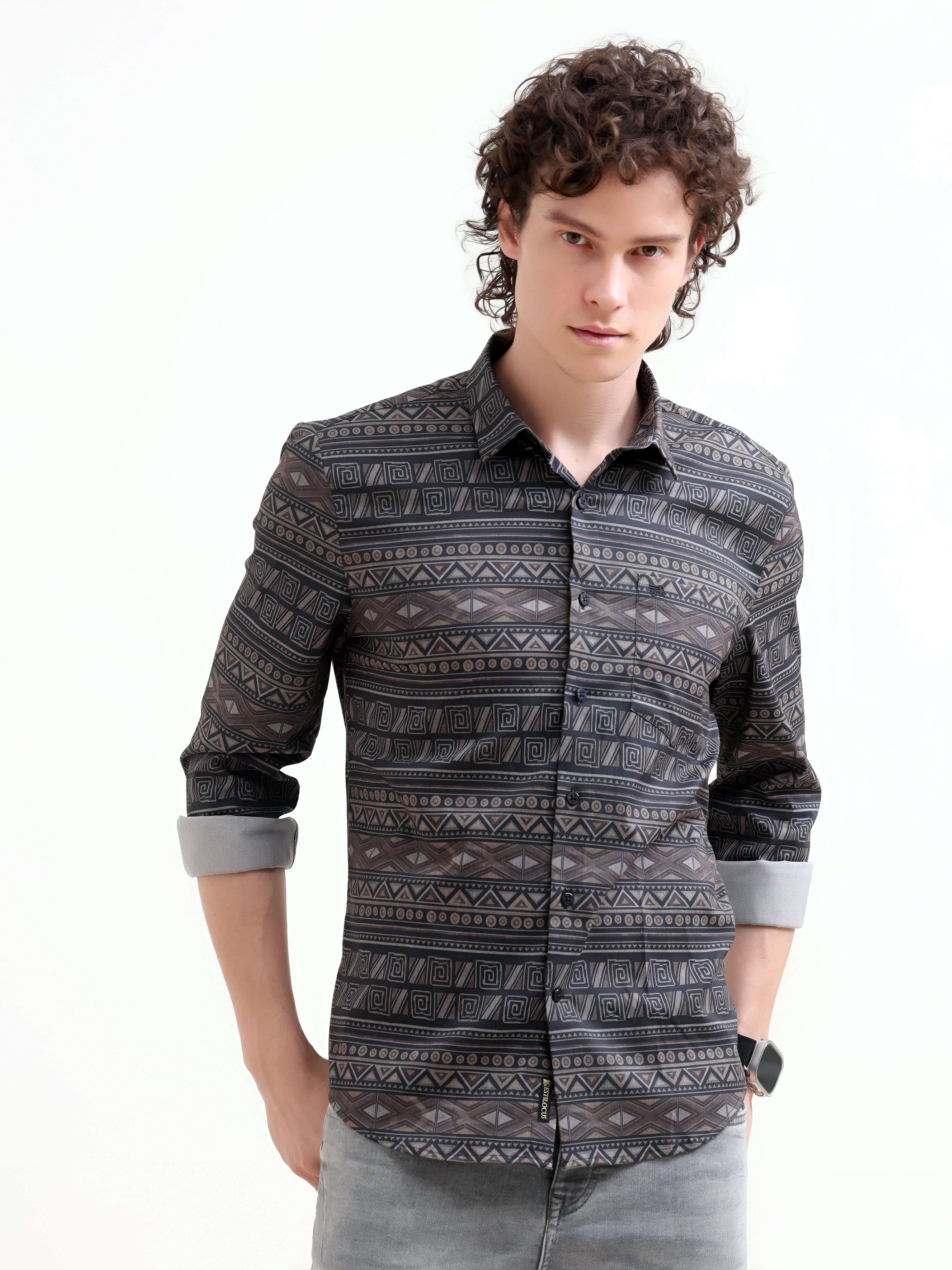 Dusky Black Tribal Print Shirt - New Men's Summer Arrival shop online at Estilocus. Elevate your summer with our Dusky Black Shirt featuring bold tribal prints. Perfect for casual style - get the latest in men's fashion!