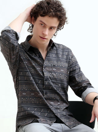 Dusky Black Tribal Print Shirt - New Men's Summer Arrival shop online at Estilocus. Elevate your summer with our Dusky Black Shirt featuring bold tribal prints. Perfect for casual style - get the latest in men's fashion!