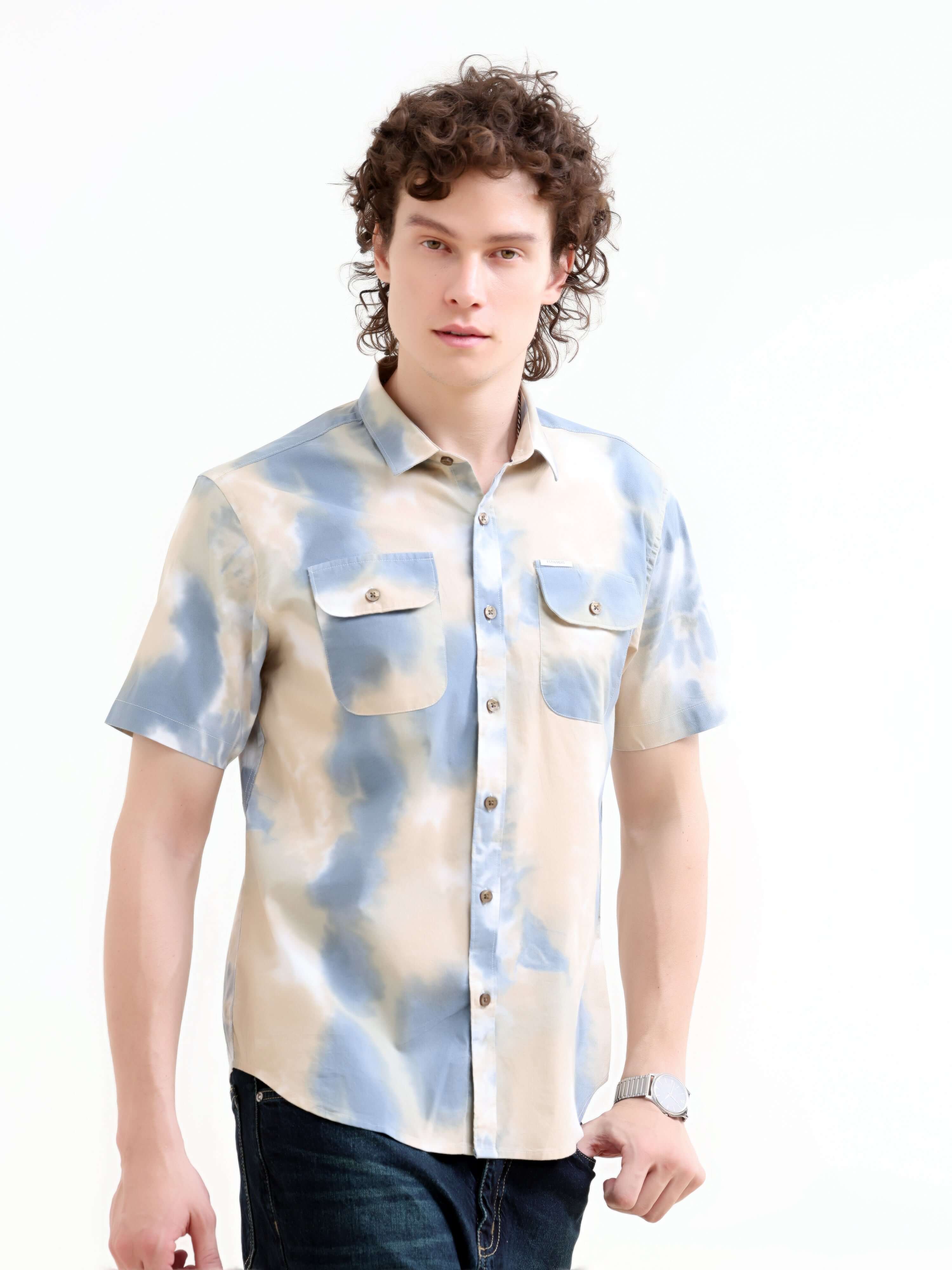 Pastel Blue Watercolor Print Shirt - Men's Casual New shop online at Estilocus. Elevate your summer style with our pasty blue watercolor shirt. Perfect fit for a vibrant casual look. Shop the new arrival now!