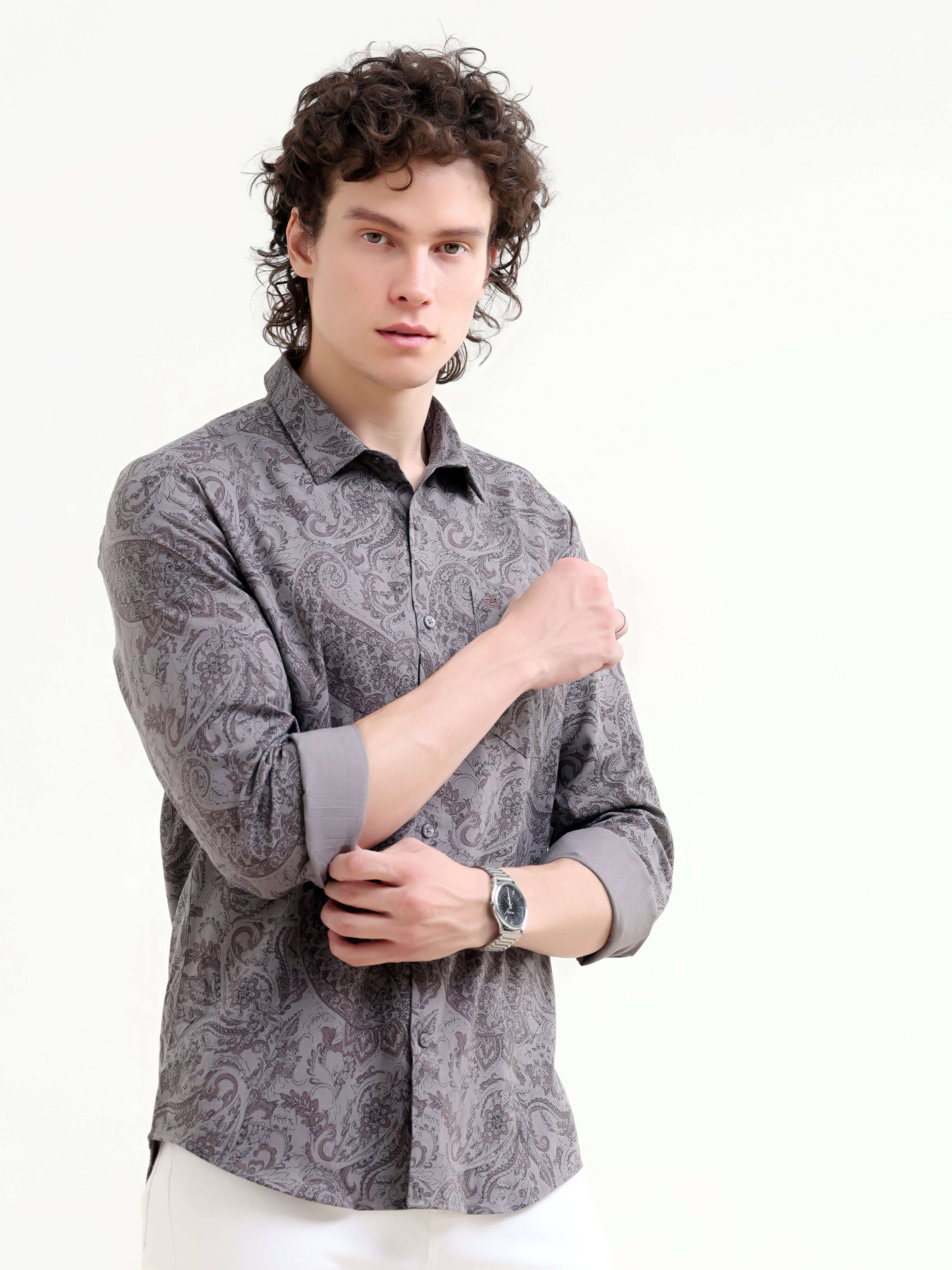 Men's Paisley Gray Floral Shirt - New Summer Arrival shop online at Estilocus. Elevate your style with our dusky gray paisley floral printed shirt. Perfect for summer, this new arrival combines comfort with a casual, artistic touch.