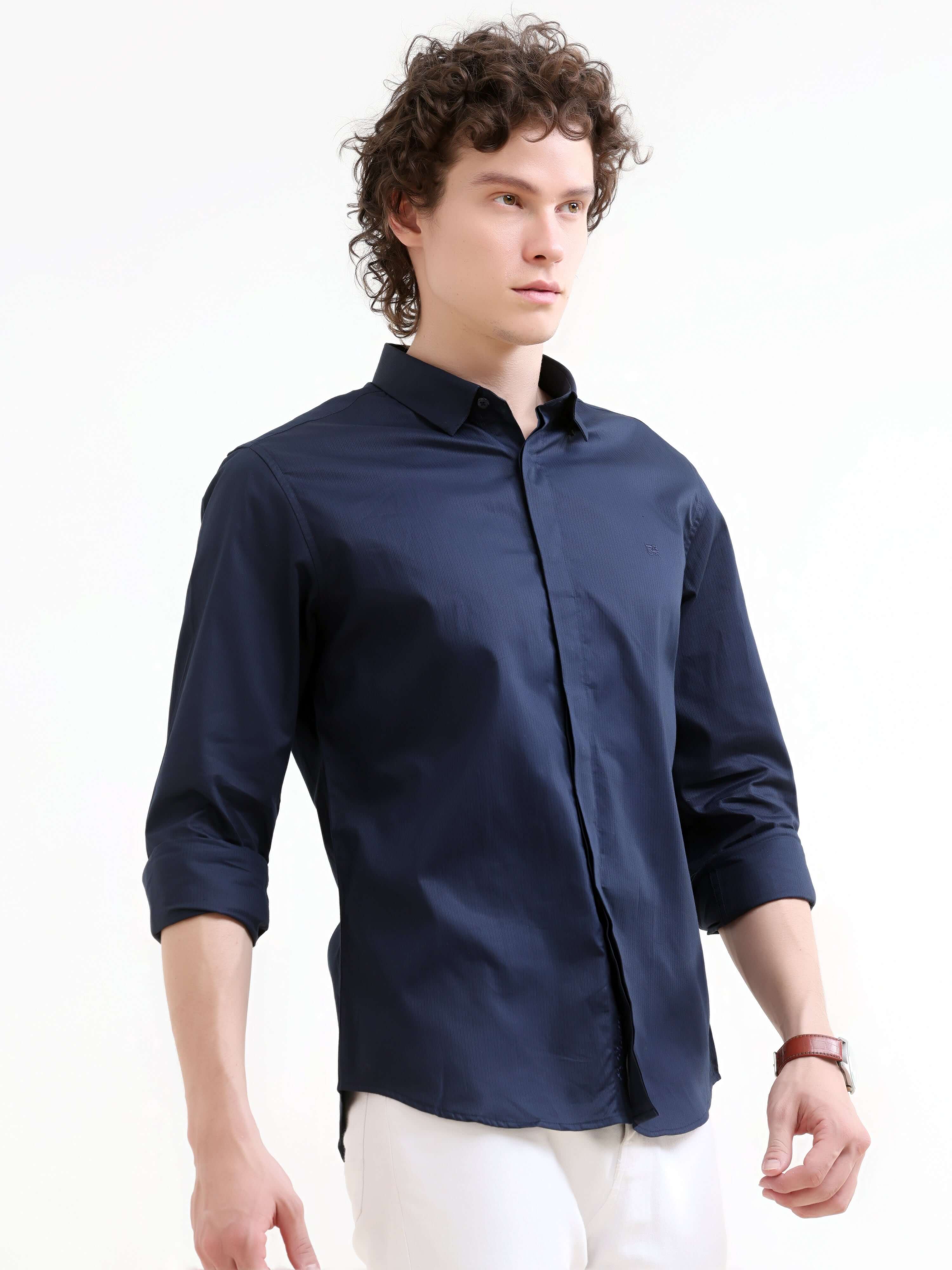 Navy Blue Solid Shirt - New Men's Summer Arrival shop online at Estilocus. Elevate your style with our Navy Blue Solid Shirt. Perfect for summer, crafted for elegance and a comfortable fit. Shop the latest in men's casual wear now!