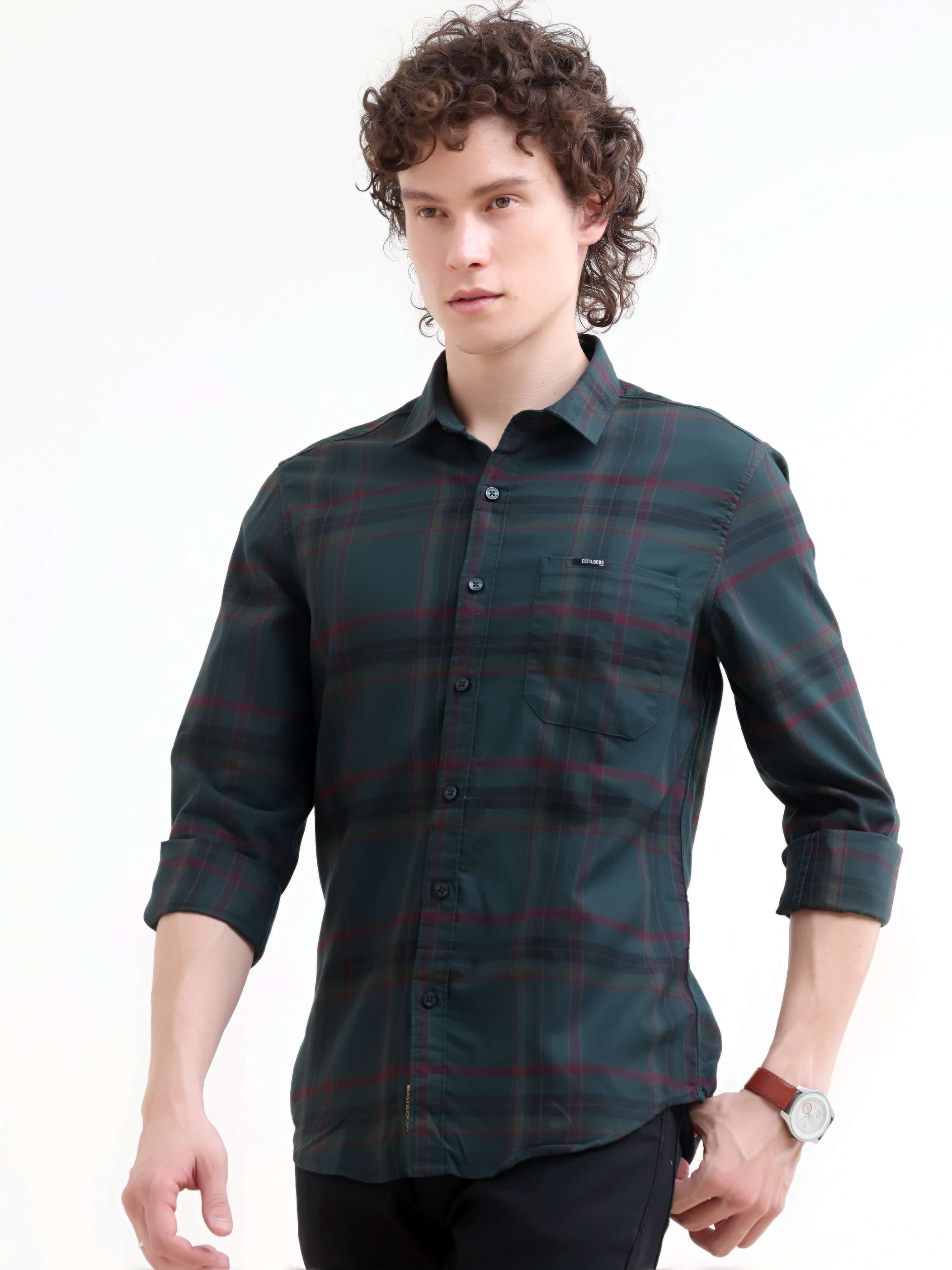 Green Check Shirt | Men's Summer New Arrival shop online at Estilocus. Elevate your style with the Boxlines green tonal check shirt - perfect for summer days & smart-casual evenings. Shop the latest in men's fashion now!