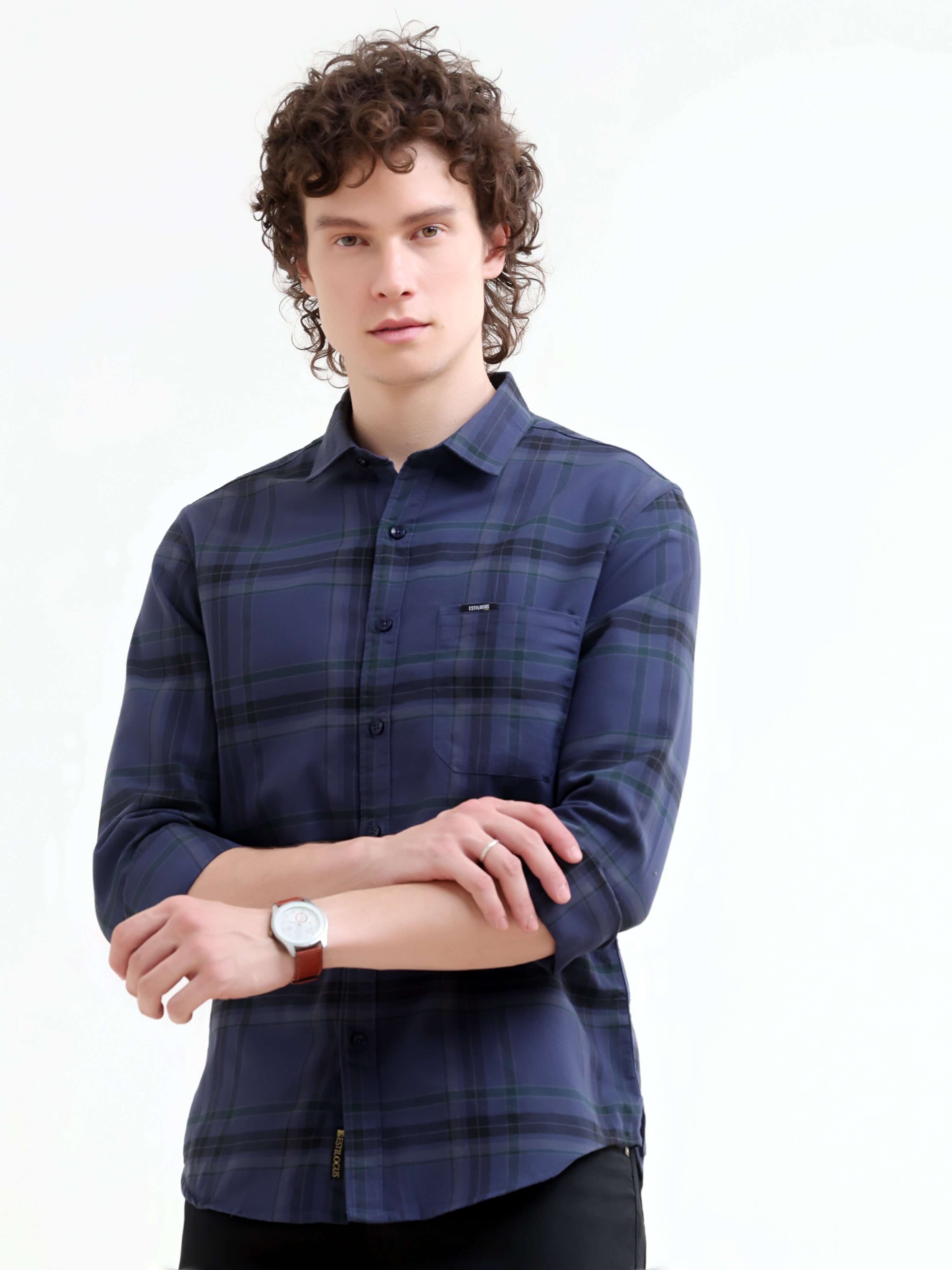 Navy Tonal Check Shirt - Summer New Arrival for Men shop online at Estilocus. Elevate your style with our navy check shirt, perfect for summer. A new arrival that promises a sharp look for any occasion. Shop now!