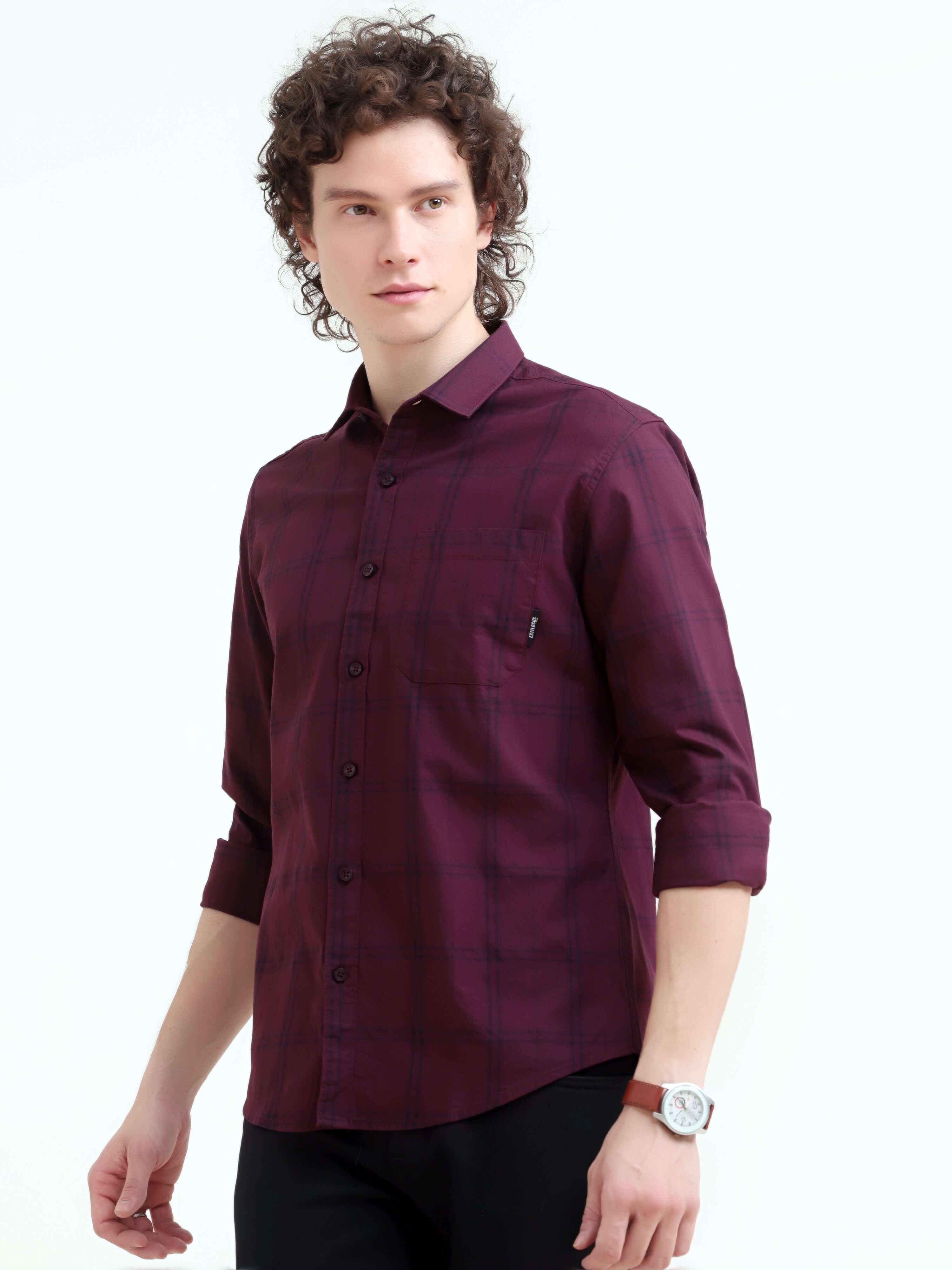 Solan Maroon Check Shirt - New Men’s Summer Casual Wear shop online at Estilocus. Elevate your style with the Solan windowpane check shirt. Perfect for summer and versatile for any setting. Shop the latest men's casual trend now!